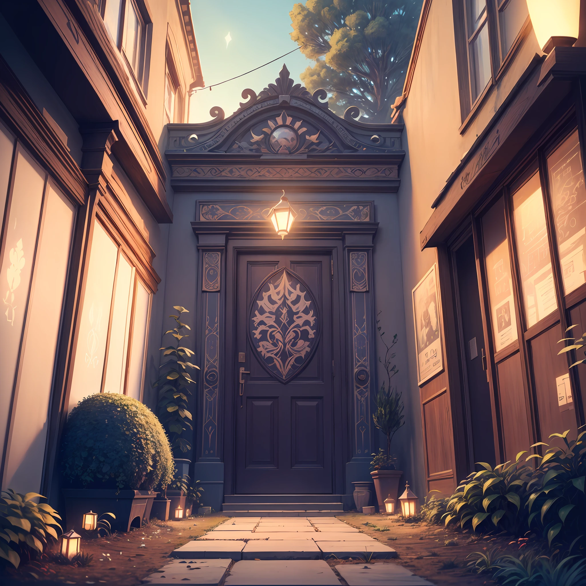 ，NOhumans，trpical garden，Shade lights，Sky lantern，Volumetriclighting，Plant branches and leaves，color difference，lightand shade contrast，visual novel key visual, key art, anime key visual concept, Epic light novel art cover, key visual, anime key art, anime key visual of elegant, light novel cover art, Key anime art, anime background key visual, anime key visual concept art of, Official anime artwork, Anime main visual effects "Small lanterns --auto