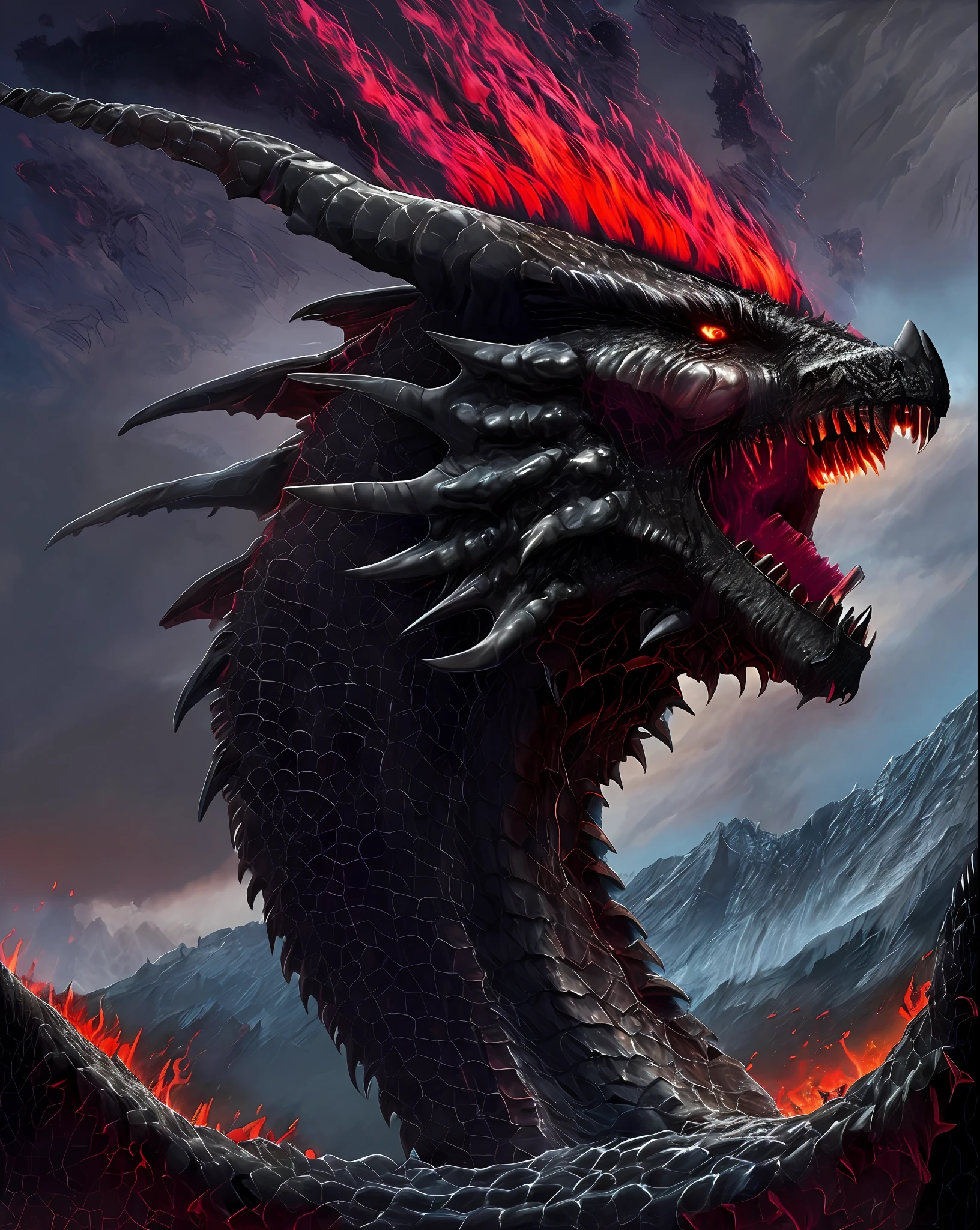 Apocalyptic portrait of an evil black dragon with glowing red eyes, detailed scales, twisted horns and a volcano erupting in the background