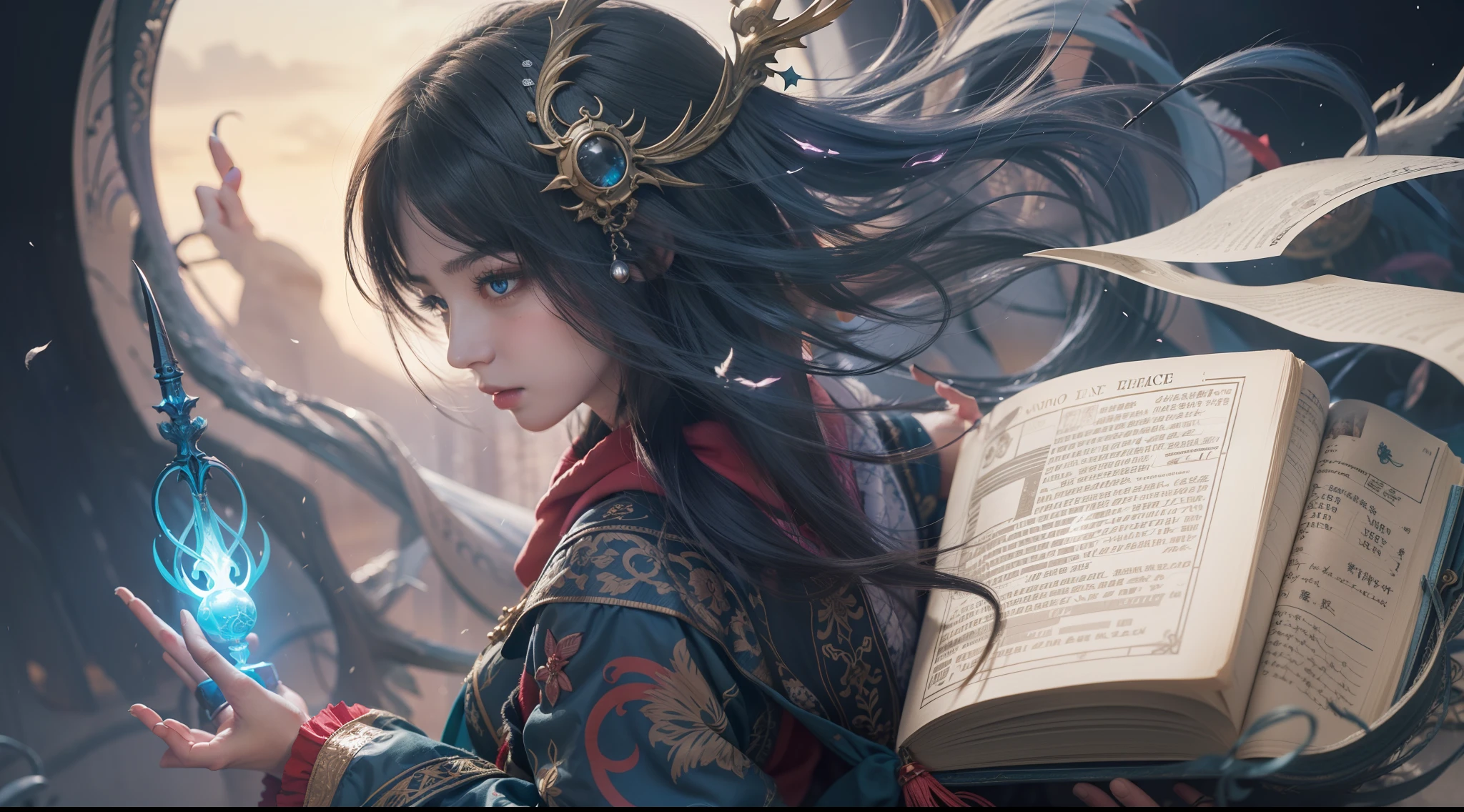 Magic Book,Blood,Night, Dark, (Fantasy),infinite,deep blue sky,The abyss of knowledge,Cowledge,((masutepiece)), (((Best Quality))),((Beautiful fine eyes)),(Eye lashes)、Beautiful girl riding blue dragon、(1人)、Black hair、The long-haired、abyss eyes、glowy skin、oils、small tits、(Bird body、pluma)、Wizard robes、tattered cloth、Realistic coat、Tee、elvish、Super delicate CG Unity 32k wallpaper、masterpiece, ((ultra-detailliert)), ((illustratio)),colourfull,wall-paper,The energy,Unknown terror,Incomprehensible,Around the magic,Magical surroundings,magic wands,Boken,Flying pages,Know everything,Predict the future、Get to know the past、Infinite wisdom、blue flames、Warlock、magic circles、Pentagram、Spells、mantra、Singing magic