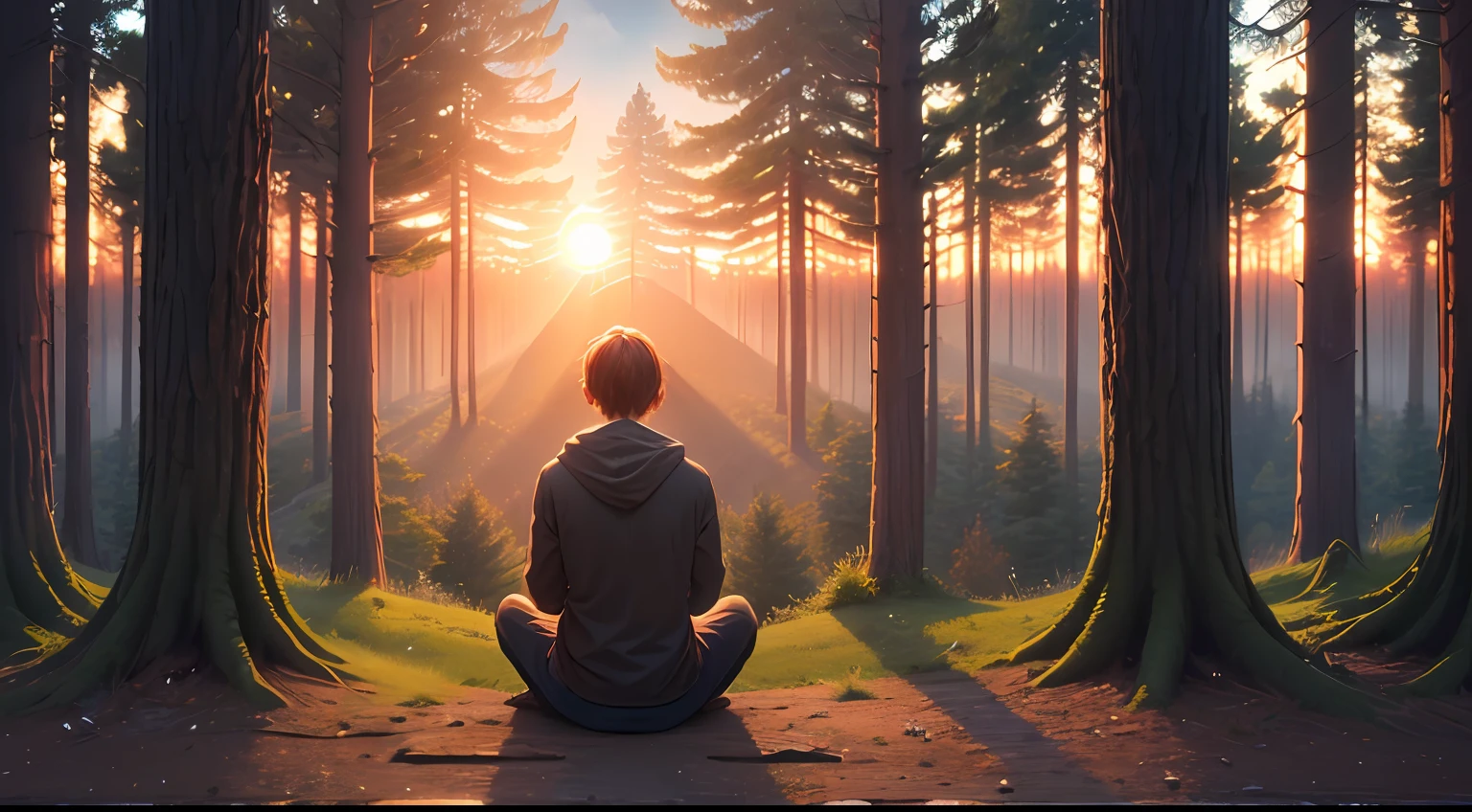 ((Masterpiece,Best Quality,The ultra-detailliert,The ultra-Highres,detailed background)),sunrise,woods,impressive,chill,inspirational,femele,Facing away,meditating --auto