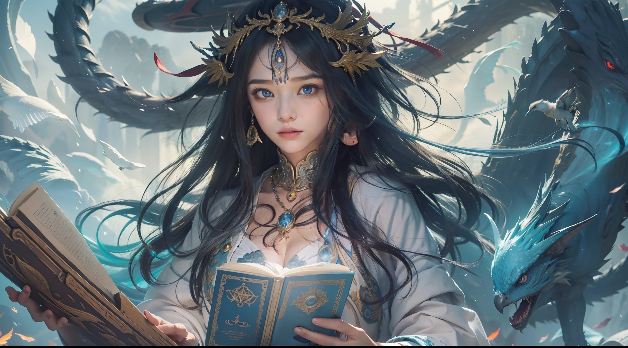 Magic Book,Blood,Night, Dark, (Fantasy),infinite,deep blue sky,The abyss of knowledge,Cowledge,((masutepiece)), (((Best Quality))),((Beautiful fine eyes)),(Eye lashes)、Beautiful girl riding blue dragon、(女の子1人)、Black hair、The long-haired、abyss eyes、glowy skin、oils、small tits、(Bird body、pluma)、Wizard robes、tattered cloth、Realistic coat、Teenchi、elvish、Super delicate CG Unity 32k wallpaper、masterpiece, ((ultra-detailliert)), ((illustratio)),colourfull,wall-paper,The energy,Unknown terror,Incomprehensible,Around the magic,Magical surroundings,magic wands,Boken,Flying pages,Know everything,Predict the future、Get to know the past、Infinite wisdom、blue flames、Warlock、magic circles、Pentagram、Spells、mantra、Singing magic