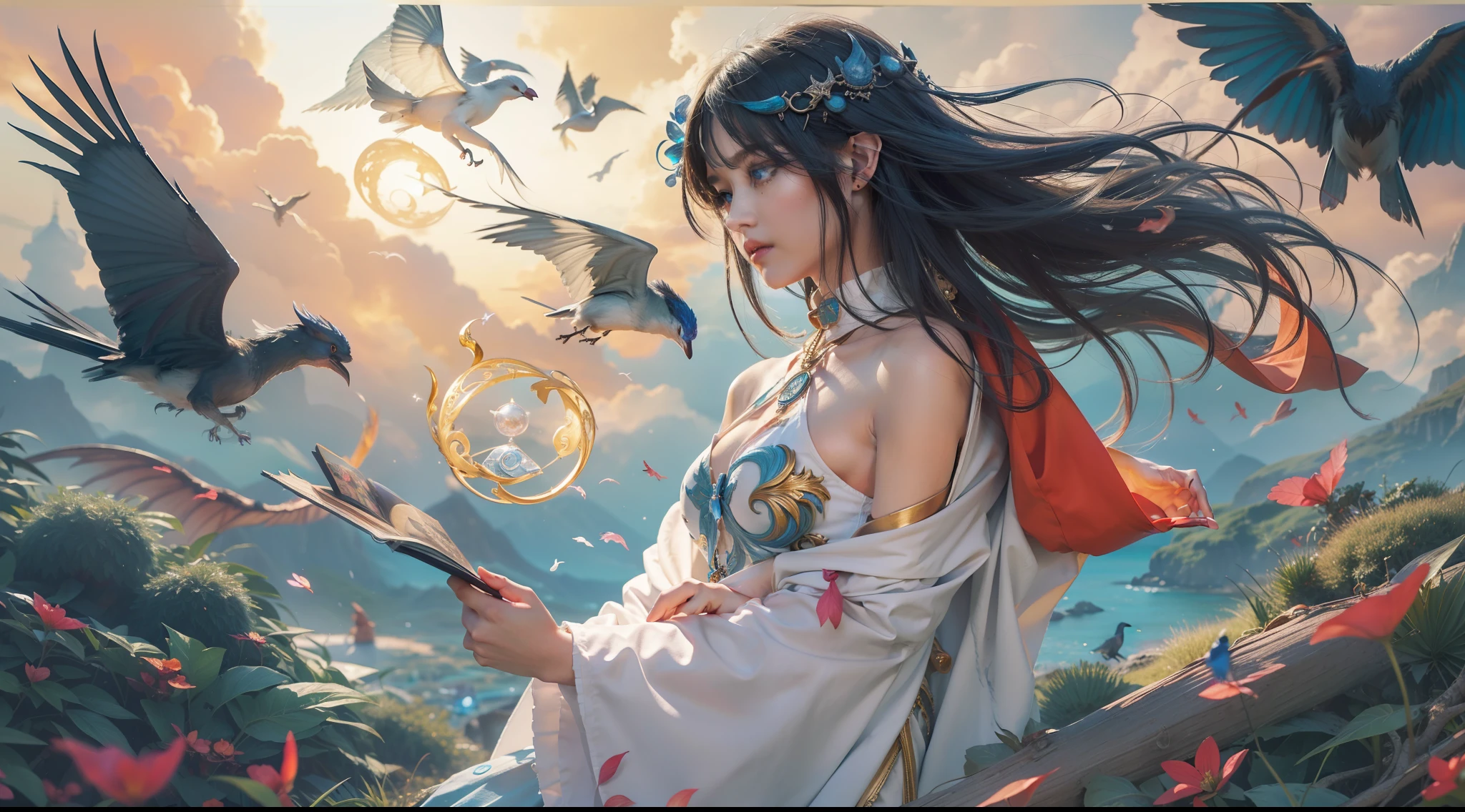Magic Book,Blood,Night, Dark, (Fantasy),infinite,deep blue sky,The abyss of knowledge,Cowledge,((masutepiece)), (((Best Quality))),((Beautiful fine eyes)),(Eye lashes)、Beautiful girl riding blue dragon、(女の子1人)、Black hair、The long-haired、abyss eyes、glowy skin、oils、small tits、(Bird body、pluma)、Wizard robes、tattered cloth、Realistic coat、Teenchi、elvish、Super delicate CG Unity 32k wallpaper、​masterpiece, ((ultra-detailliert)), ((illustratio)),colourfull,wall-paper,The energy,Unknown terror,Incomprehensible,Around the magic,Magical surroundings,magic wands,Boken,Flying pages,Know everything,Predict the future、Get to know the past、Infinite wisdom、blue flames、Warlock、magic circles、Pentagram、Spells、mantra、Singing magic