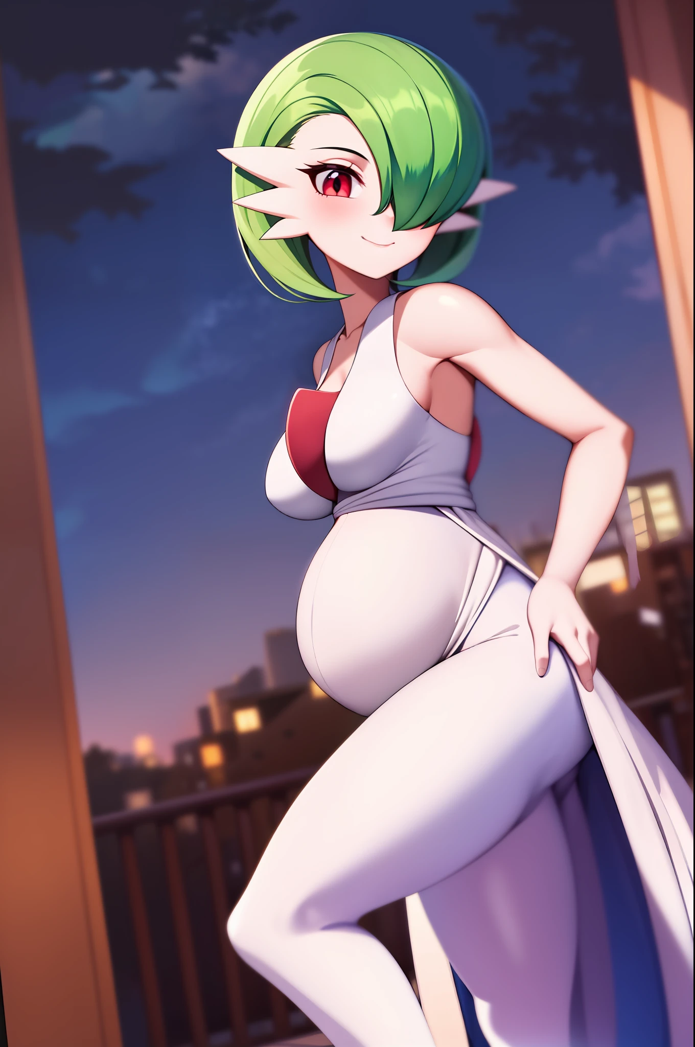 masterpiece, best_quality, 1girl, solo, gardevoir, pokemon\(creature\), green hair, red eyes, white dress, outdoor, night, smile, hip hands, pregnant, female breasts, medium breasts, tight dress, tight clothes.