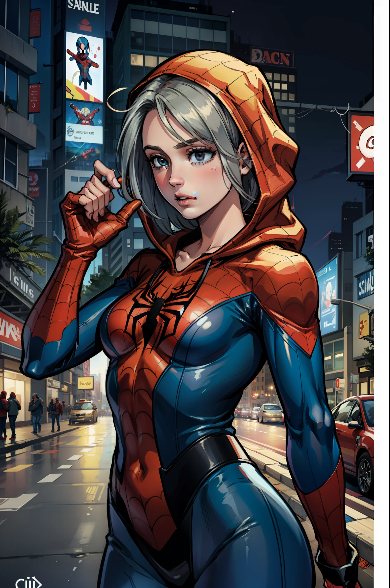 1girl, AngelMS, solamente, cabello plateado, tenencia, Hairband, Spider suit, firma, hood, Borrosa, bodysuit, fondo borroso, telephone, celular, edificio, smartphone, holding phone, Ciudad, Superhero, Spider Web Print, Traje con capucha