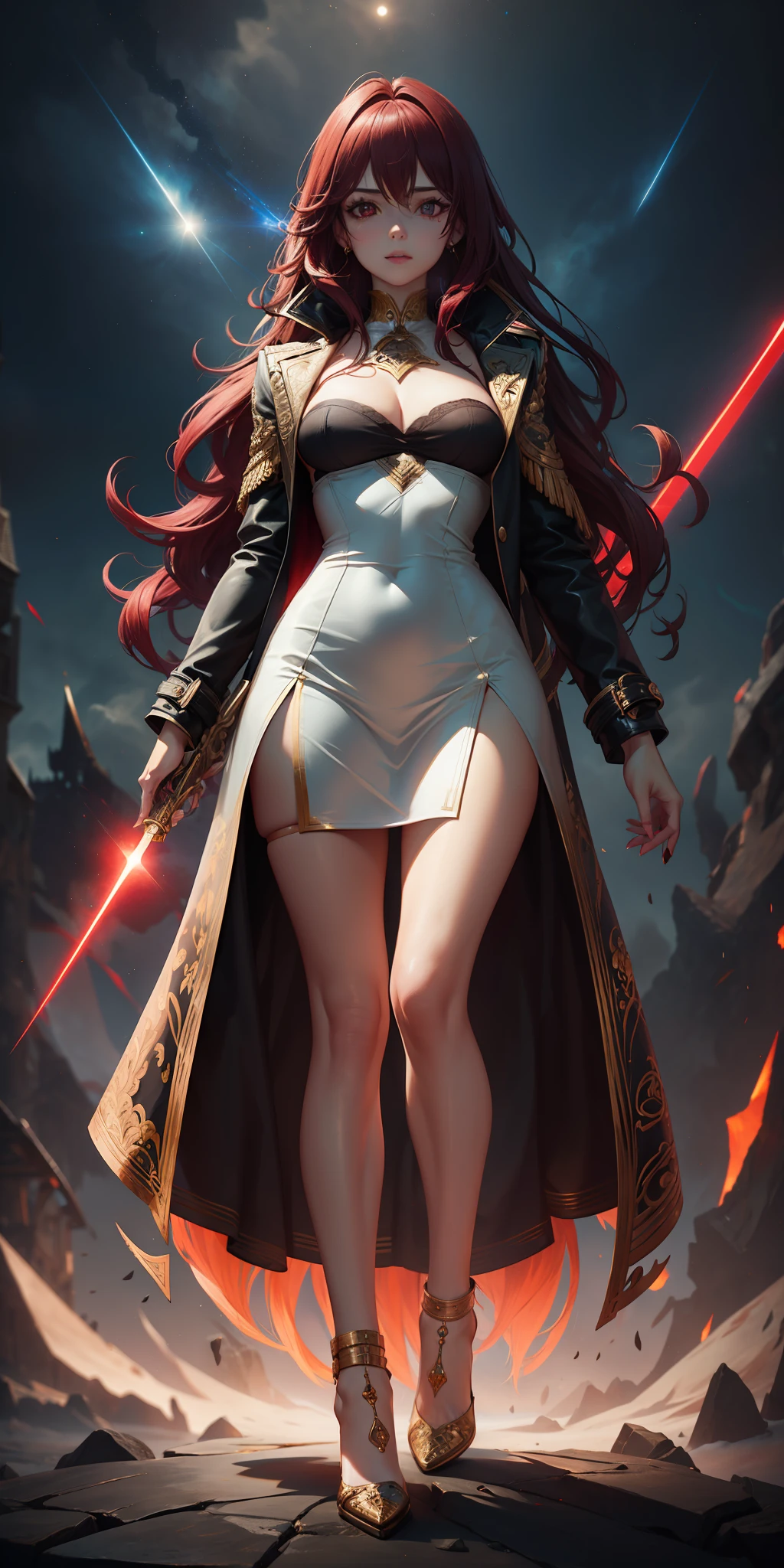 1girll, red pupils,Red long-haired,crisp breasts,Convex buttocks,Bare legged,Black heels,White bandeau dress,Decorated with a gold pattern,He wears a black trench coat,He held a red laser sword in his hand。,starrysky,kosmos,Detailed background,Clothing details,perfectly proportioned, Cinematic lighting, filmgrain, Fuji colors, lightand shade contrast, 8K, 巨作, Textured skin, Super detail, high detal, high qulity, A high resolution,
