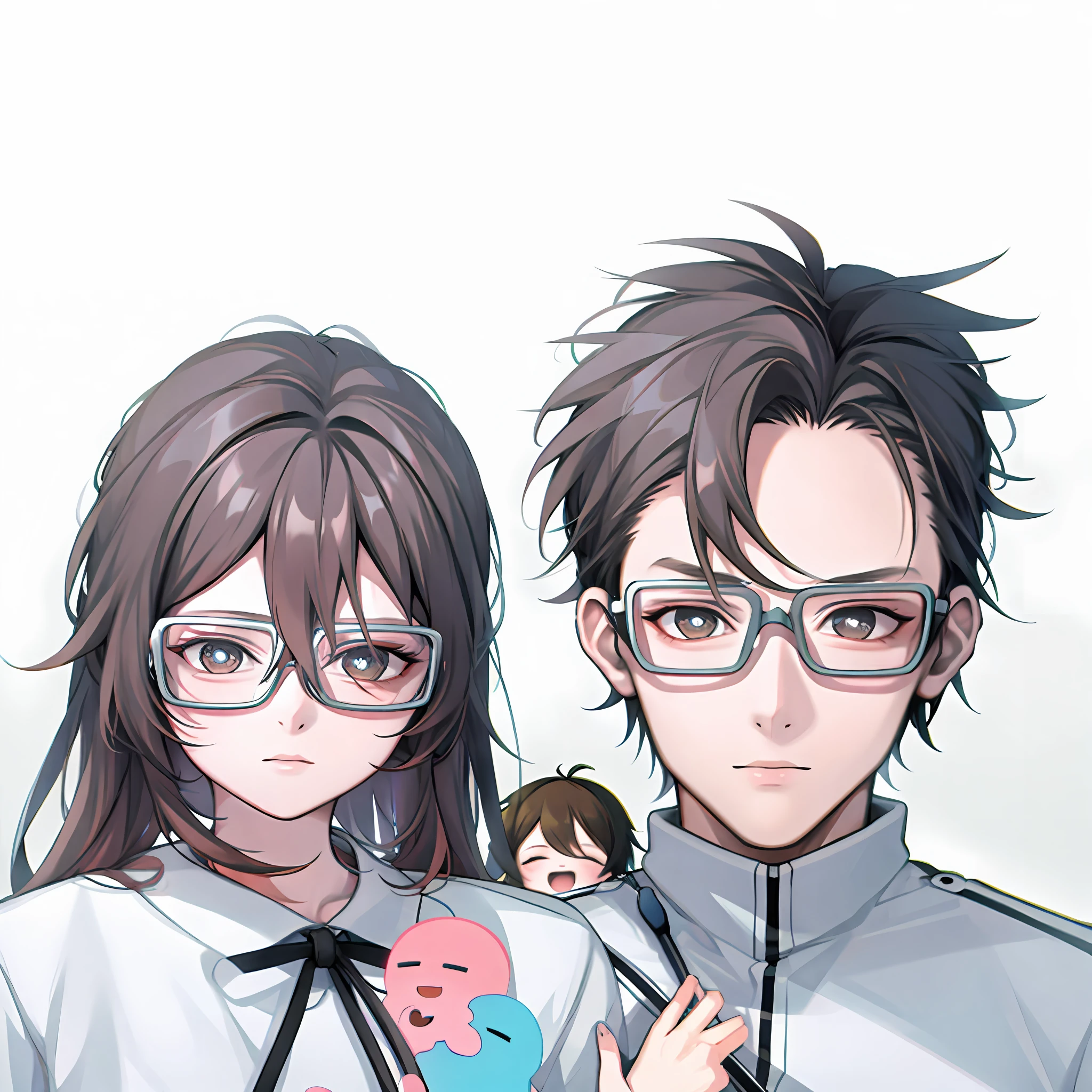 Half-body diagram，tmasterpiece，A man and a woman hold a baby，Men wear glasses，hyper HD