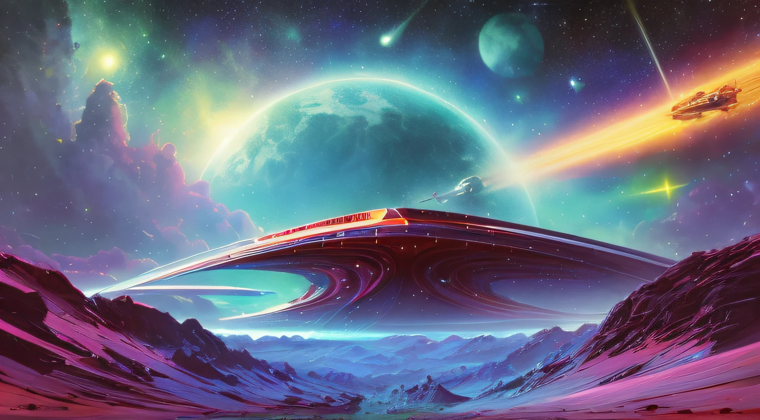 Space Landscape, 1980s anime world by Paul Lehr, ((((8k)))) HD photo extremely detailed render, Sharp focus,