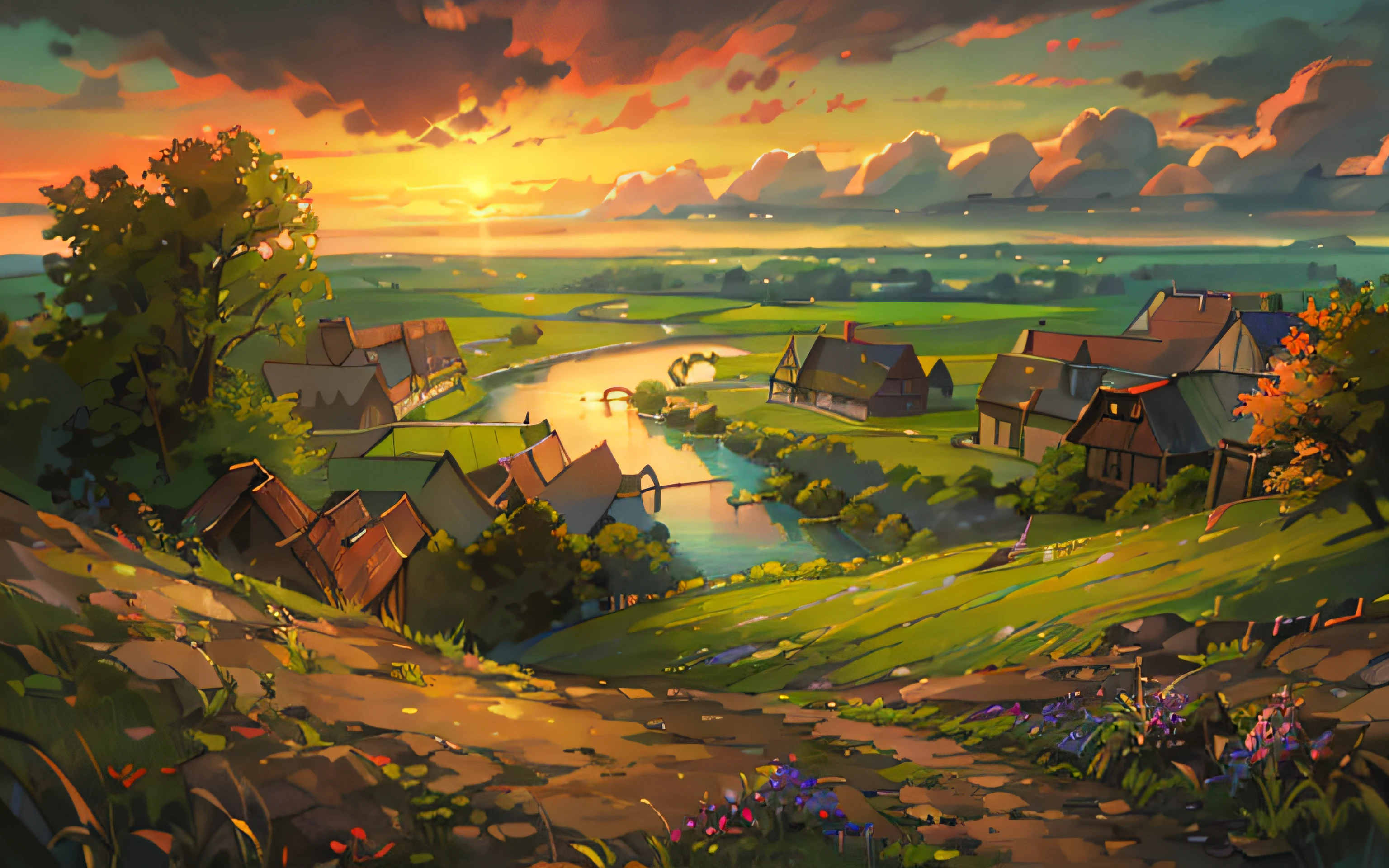 The vast sky, beautiful skyline, large grasslands, extremely tense and dramatic pictures, moving visual effects, the high-hanging Polaris, and colorful natural light. (View from hill:1.5), a country settlement in the distance stands on a river, water mill, medieval architecture, flooded meadows, oil painted sunset. (Highest Quality, Amazing Details:1.25), Brilliant Colorful Paintings