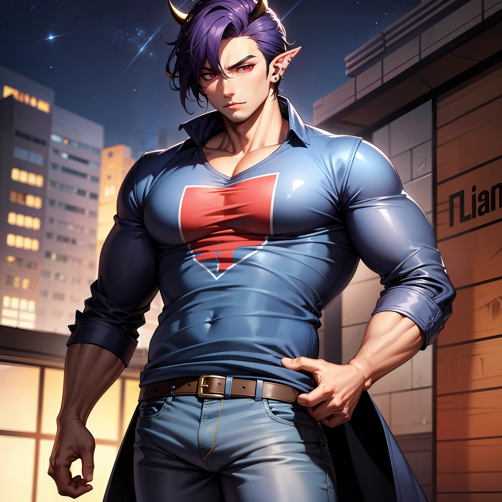 Handsome male, purple hair, short hair, detailed body, detailed hands, horns, loving, arrogant expression, red eyes, roman nose, almond eyes, baggy T-shirt, grey shirt, blue denim jeans, cocky, nightfall, starry sky, handsome, bushy brows, pointy ears, ear piercings, rings, 1 male, black coat, manly, dark skin, brown skin, charming, good quality, long hair, huge bulge in pants, veiny arms and hands, hand on bulge in pants
