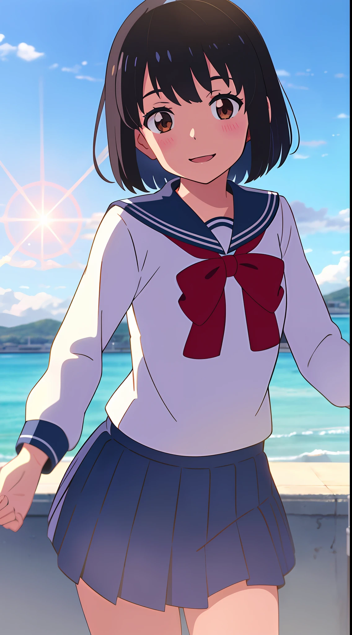 shinkai makoto, kimi no na wa., 1girl, bangs, black hair, blue sky, blush, brown eyes, shiny skin, cloudy_sky, sunlight, sailor collar, blue sailor collar, sailor color, white sailor color, serafuku, looking at the viewer, cowboy shot, bow, red bow, headband, red headband, red ribbon, school uniform, short hair, upper body, smile, cute, shadow, solo, shirt, blue skirt, Pleated Skirt, long sleeves, smile, happy, open mouth, lens_flare, afternoon hangout