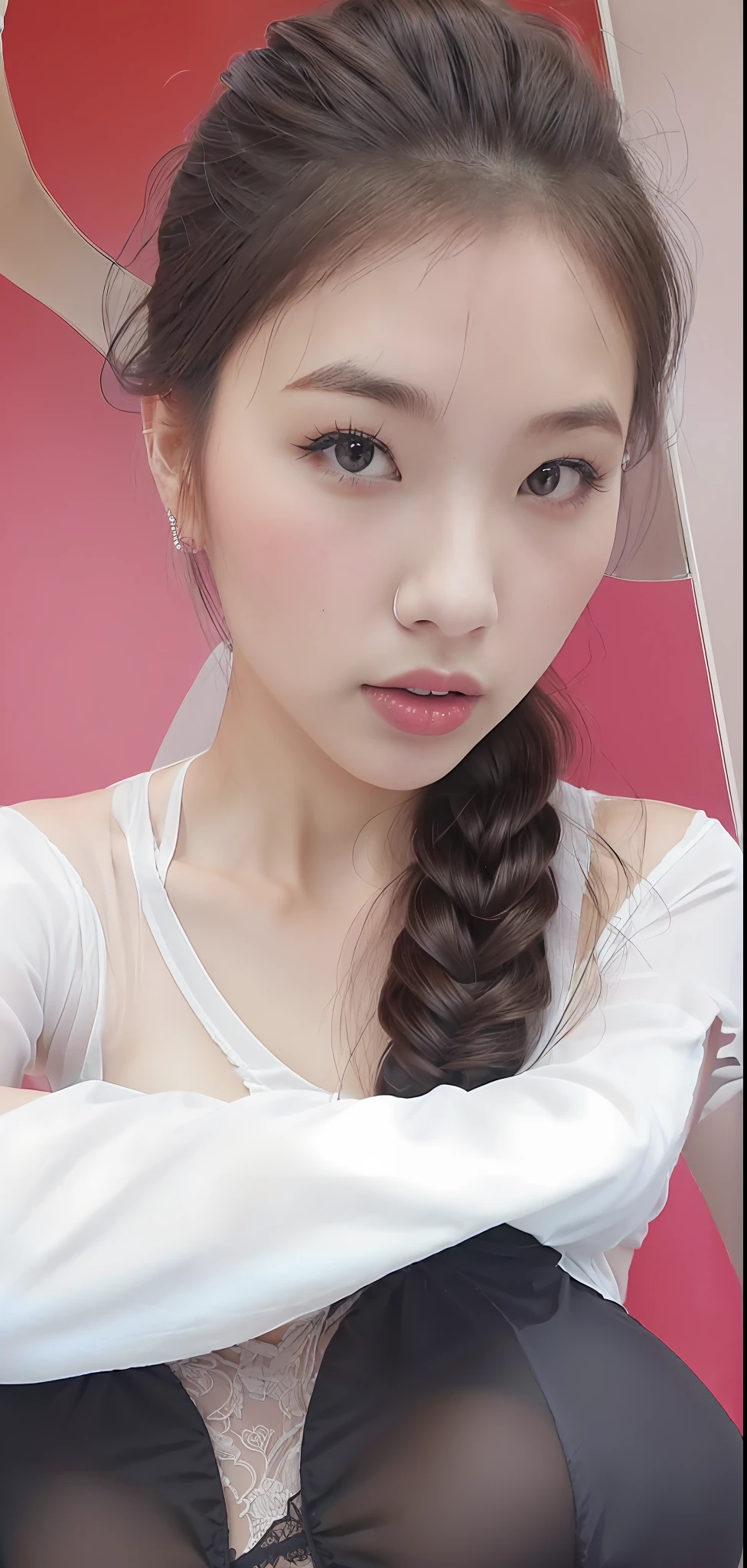 Draw a picture of a sexy lingerie body that looks good in sexy lingerie like this face and hairstyle