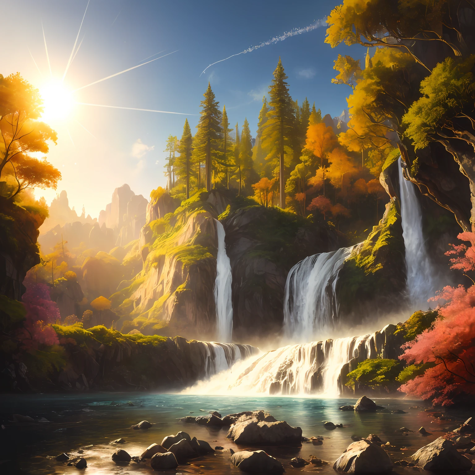 analog style,ChromaV5,nvinkpunk,(extremely detailed CG unity 8k wallpaper),A Illustration of a bright and majestic waterfall cascading down a rocky cliff, illuminated by the shining sun, The water sparkles as it falls, casting a rainbow of colors, the surrounding landscape is lush and verdant, with tall trees and wildflowers,award winning photography, Chromatic Aberration; Geometric Shapes; Bokeh, Depth of Field, Photorealistic, Detailed, Bloom, HDR , oil painting by John Singer Sargent, Frederic Church, and Thomas Moran,trending on ArtStation, trending on CGSociety, art by midjourney