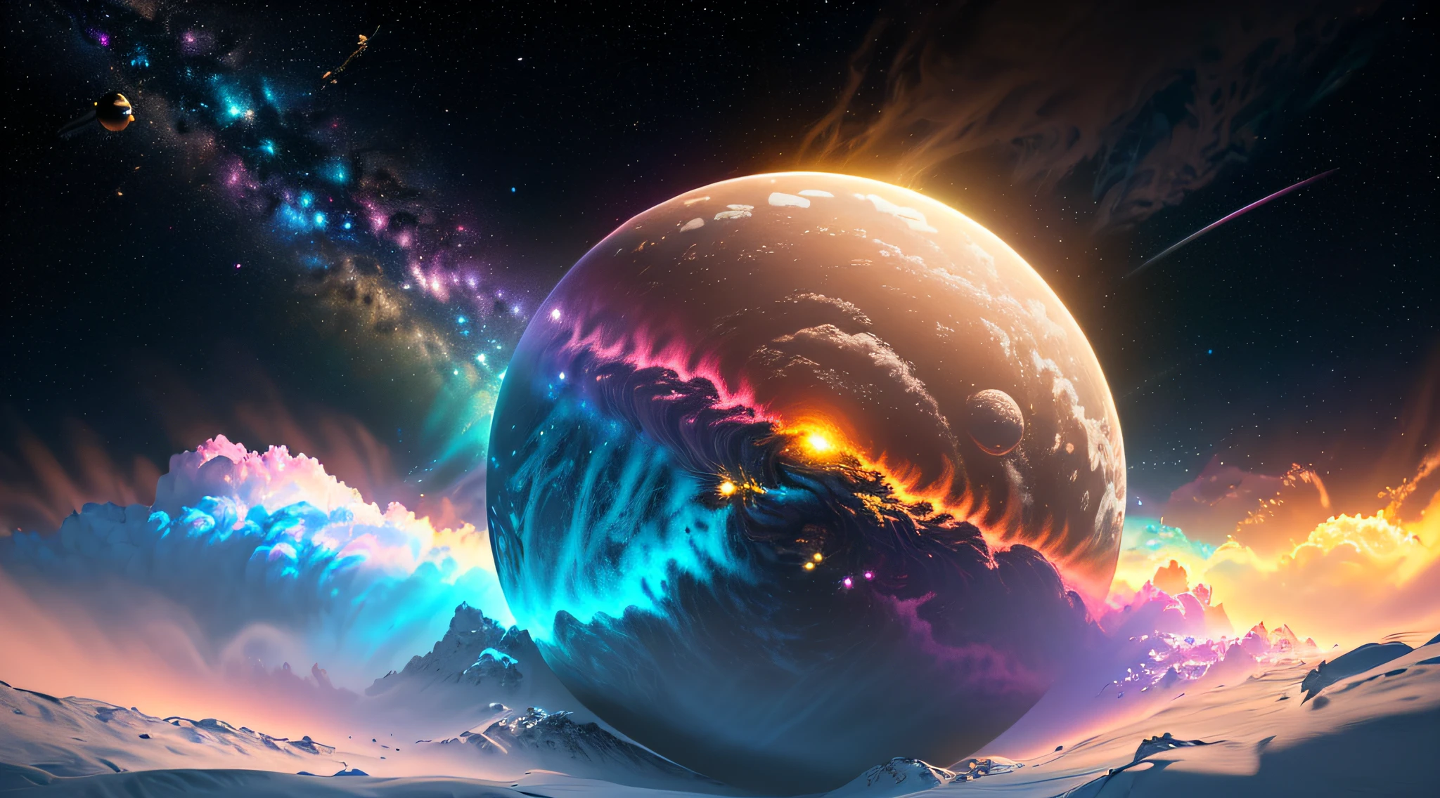 dublex ((((8k)))) HD photo extremely detailed render (((iridescent))) planet, yellow-pink electric snow landscape, some biological features on the planet’s surface are so massive they can been seen from space, cities can be seen from space ((lights)) ((swirling clouds))High Detail, Sharp focus, dramatic, Bewildering