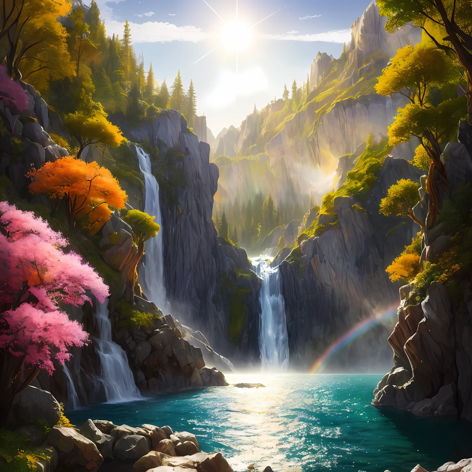 analog style,ChromaV5,nvinkpunk,(extremely detailed CG unity 8k wallpaper),A Illustration of a bright and majestic waterfall cascading down a rocky cliff, illuminated by the shining sun, The water sparkles as it falls, casting a rainbow of colors, the surrounding landscape is lush and verdant, with tall trees and wildflowers,award winning photography, Chromatic Aberration; Geometric Shapes; Bokeh, Depth of Field, Photorealistic, Detailed, Bloom, HDR , oil painting by John Singer Sargent, Frederic Church, and Thomas Moran,trending on ArtStation, trending on CGSociety, art by midjourney