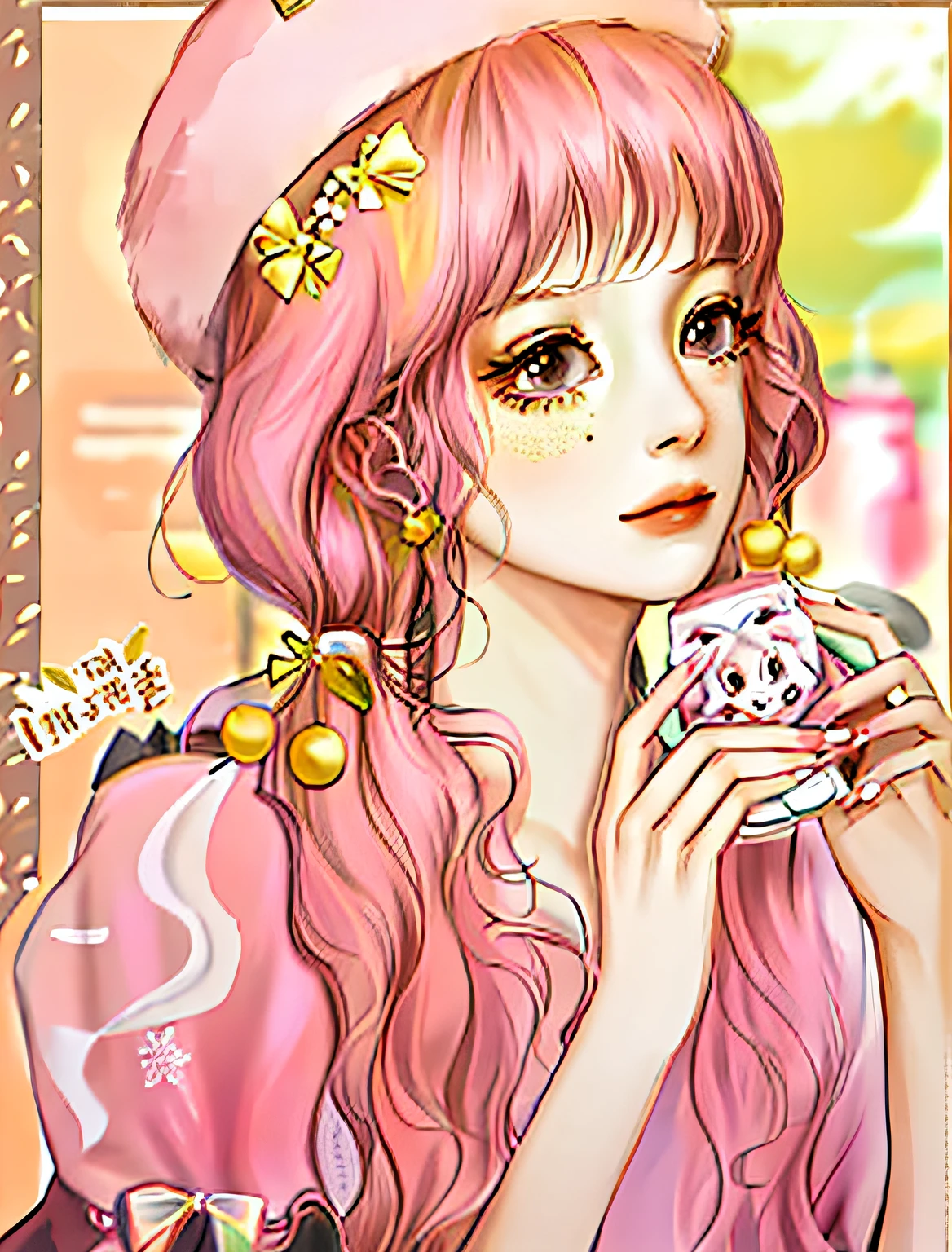 A girl in a hat,Yellow curly hair,Pink skirt,extremely cute