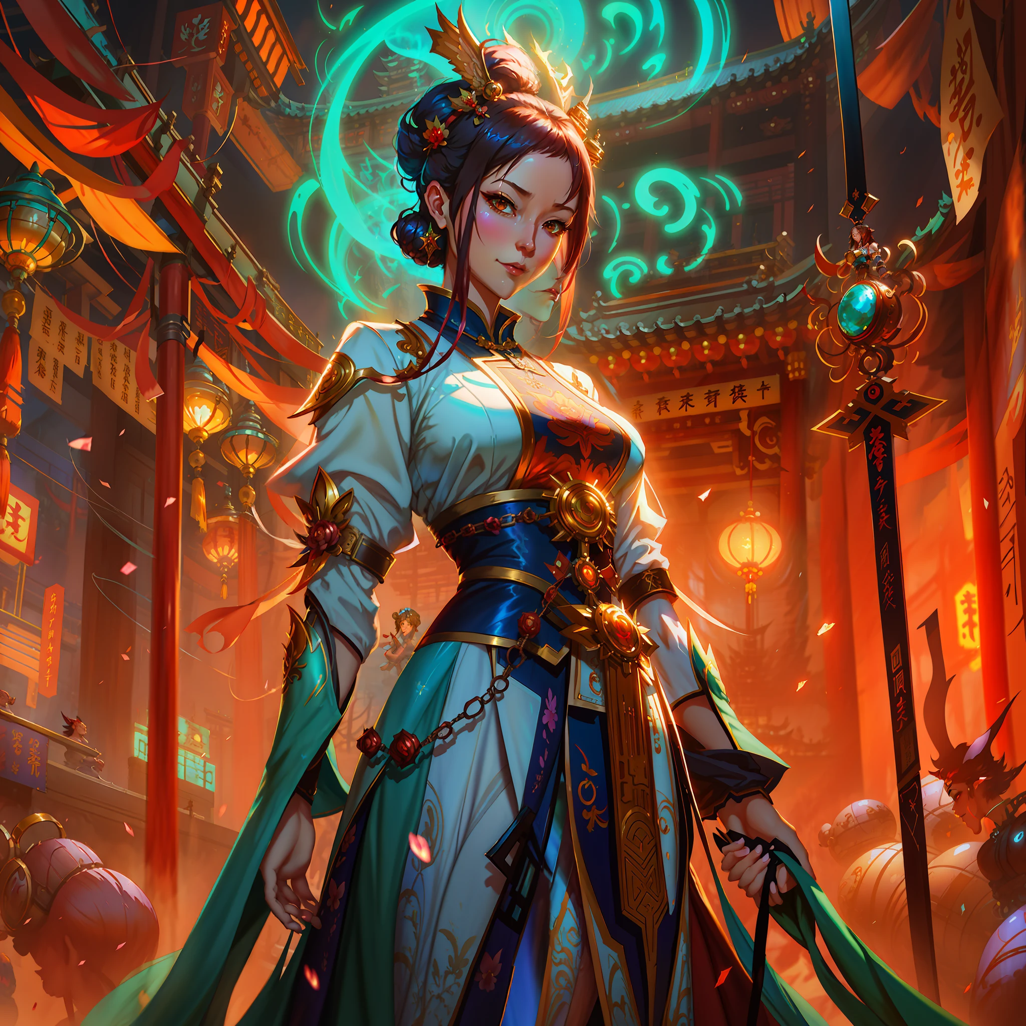 anime - style illustration of a woman in a chinese dress in a temple, alice x. zhang, artgerm julie bell beeple, mohrbacher, by Jeremy Chong, cushart krenz key art feminine, fantasy card game art, peter mohrbacher c 2 0, peter mohrbacher artstyle, rossdraws global illumination