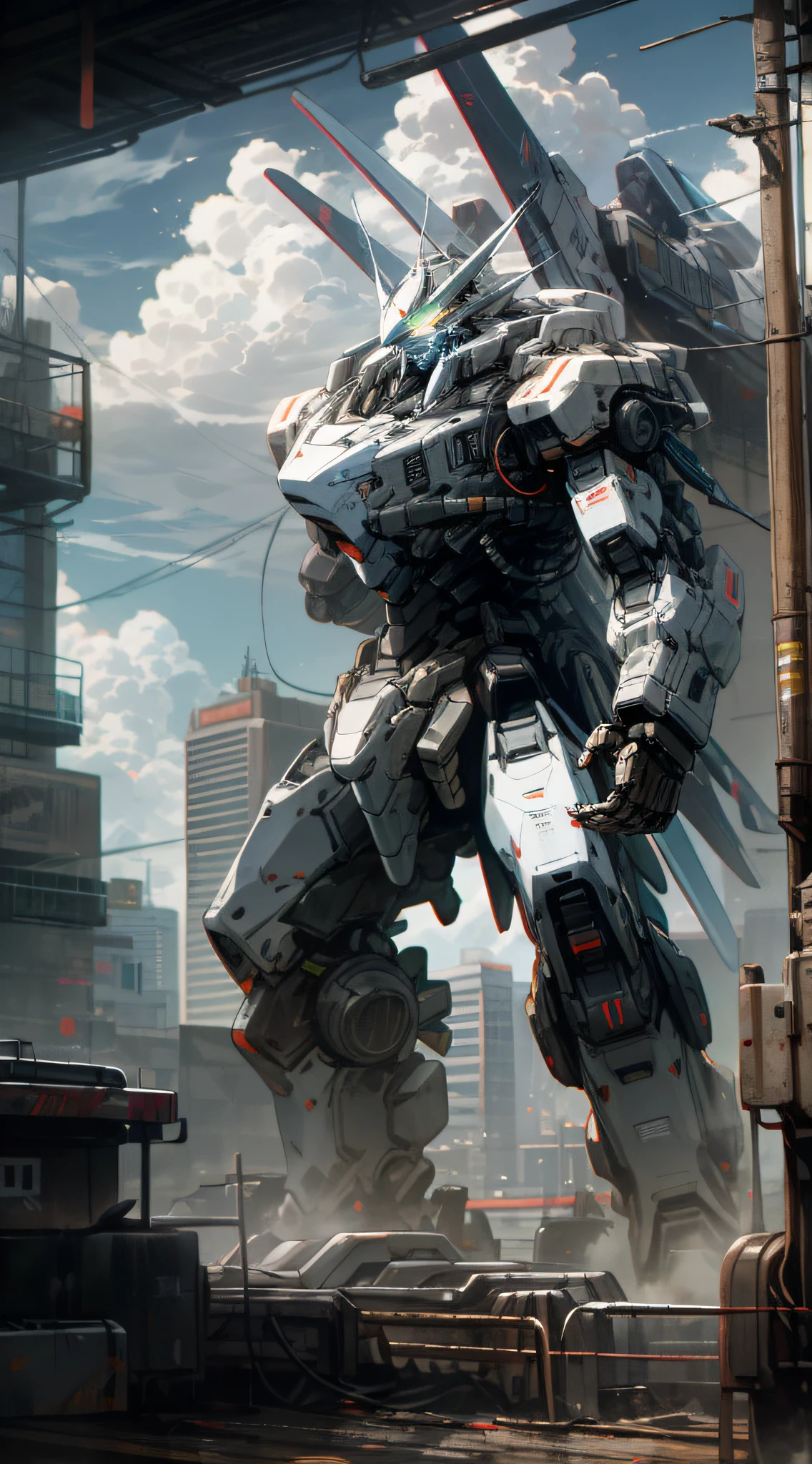 sky, cloud, holding_weapon, no_humans, glowing, , robot, building, glowing_eyes, mecha, science_fiction, city, realistic,mecha