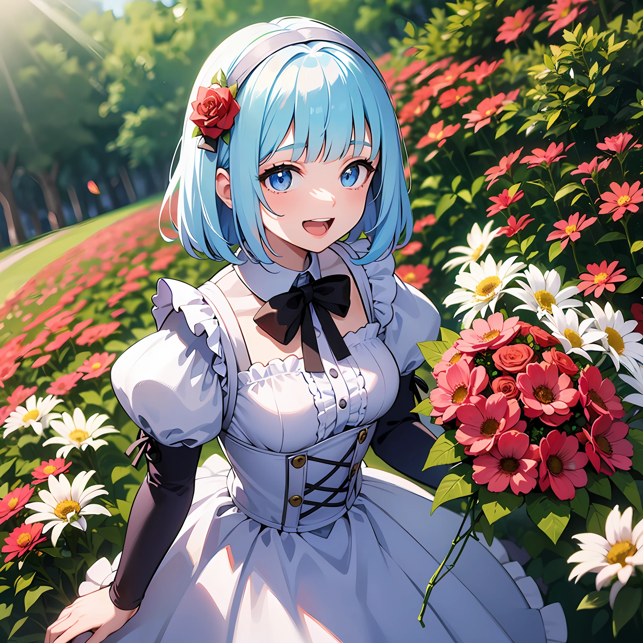 (masterpiece:1.3), (best quality:1.3), high resolution,
couboy shot,
(holding:1.1), body facing forward,
(one cute girl:1.3), solo,
white skin, small Breast, eight-headed person,
light blue hair, (bobbed hair:1.2), (short hair:1.2), (blunt bangs:1.2), beautiful hair, blue eyes, beautiful detailed eyes,
open mouth, heart, cheerful smile,
maid, (bouquet:1.1), blue check skirt, detached sleeves,
outdoors, flower garden, natural park,
shadowlighting,