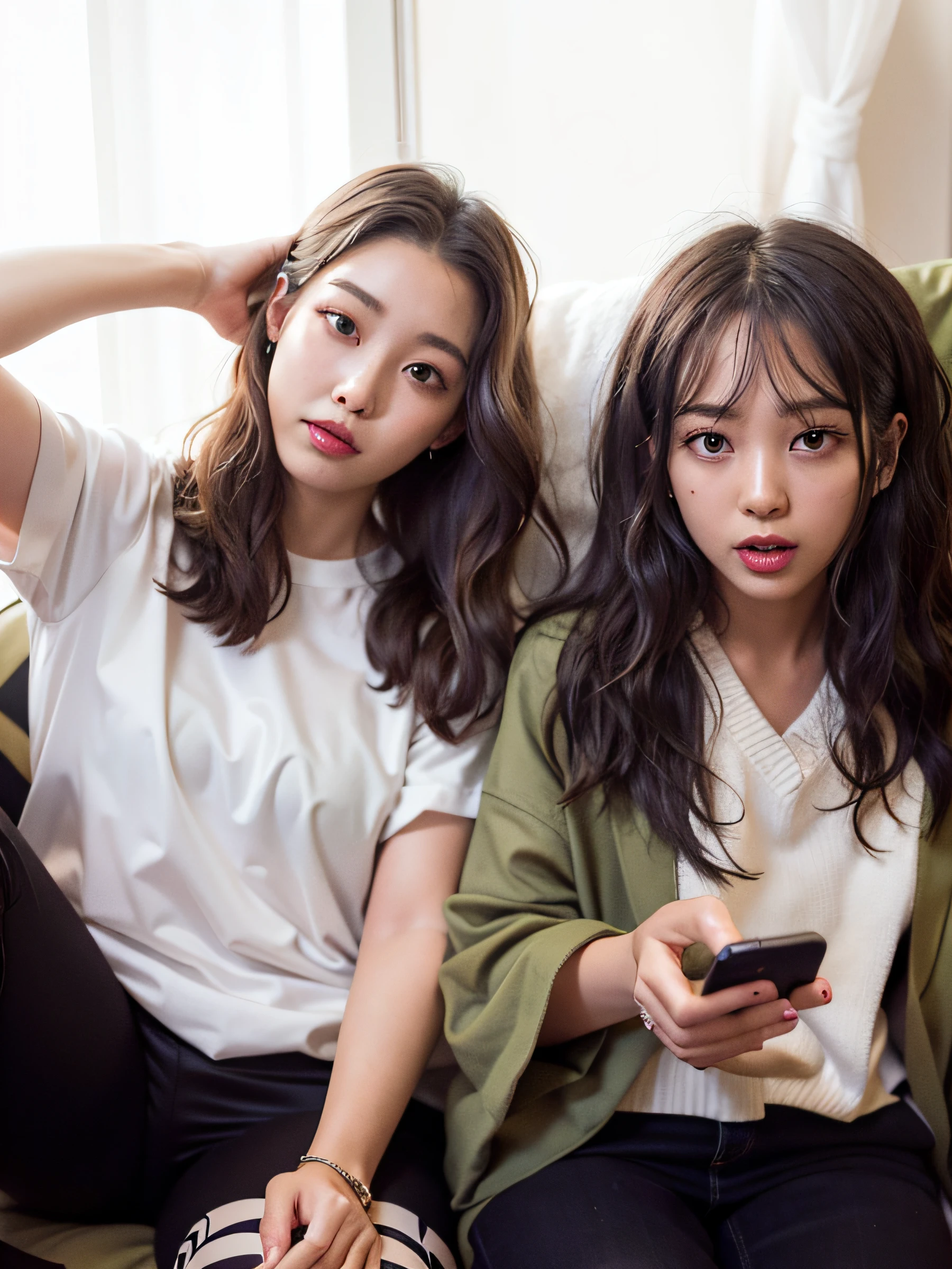 Two women sitting on couch holding mobile phones, ulzzangs, with her long, with ivy, hair whitebangs hair, Two girls, With black, with short hair, nixeu and sakimichan, with same hairstyle, exclusive, com longo, Korean girl, roommate, with white, Tumblr, sakimichan, personal profile picture, her friends