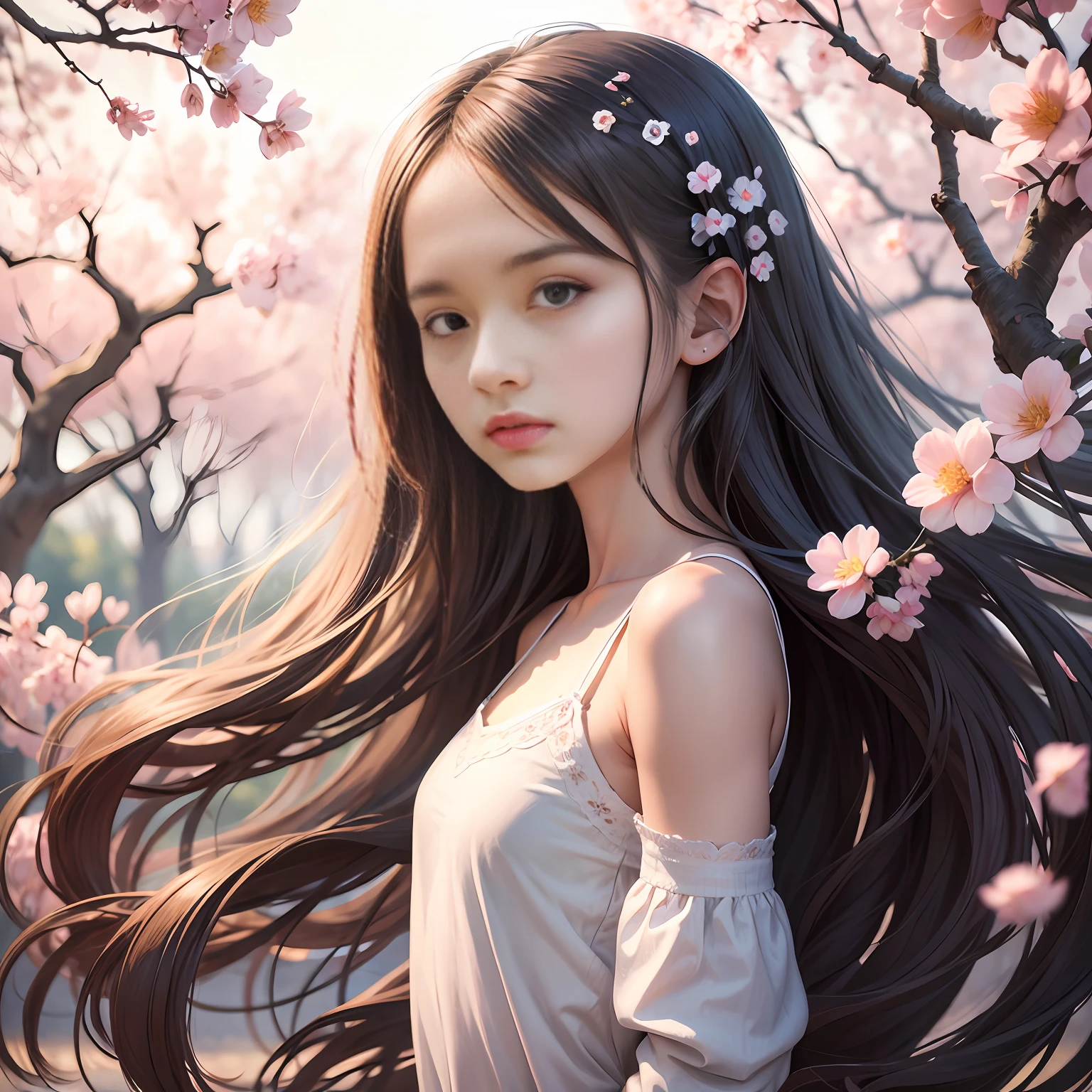 A girl,petite,realisticlying,The upper part of the body, Realistis,Flowering trees,Floating hair,Detailed face --auto