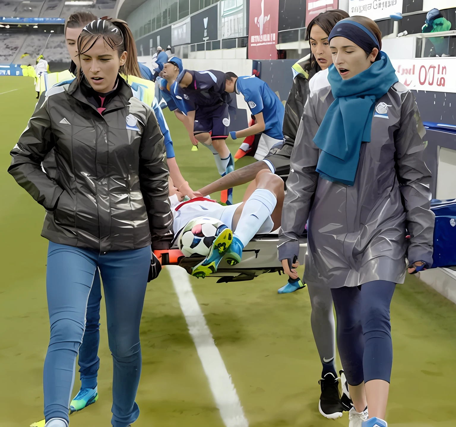 a soccer scene in a sports stadium, cool and wet weather conditions, humide ground, rainy sky, injury scene in a sports stadium, stretcher carry, there are four female medics carrying a stretcher, there are four female medics in very shiny coats who are carrying a stretcher in a sports stadium, there is a wounded male soccer player in a matte short cotton sports outfit lying on the stretcher, an injured male soccer player in matte cotton sportswear is lying in pain on a stretcher, a soccer player in matte cotton sports clothes is rearing up in intense pain while lying on a stretcher, dramatic scene, theatralic posing scene, dramatic pity scene, injury soccer, first aid, help, pity, there are four female medics in wetlook high-shine coats who are looking very sad and very terrified and very shocked, the injured soccer player is screaming out in pain while he is carried from the pitch on a stetcher