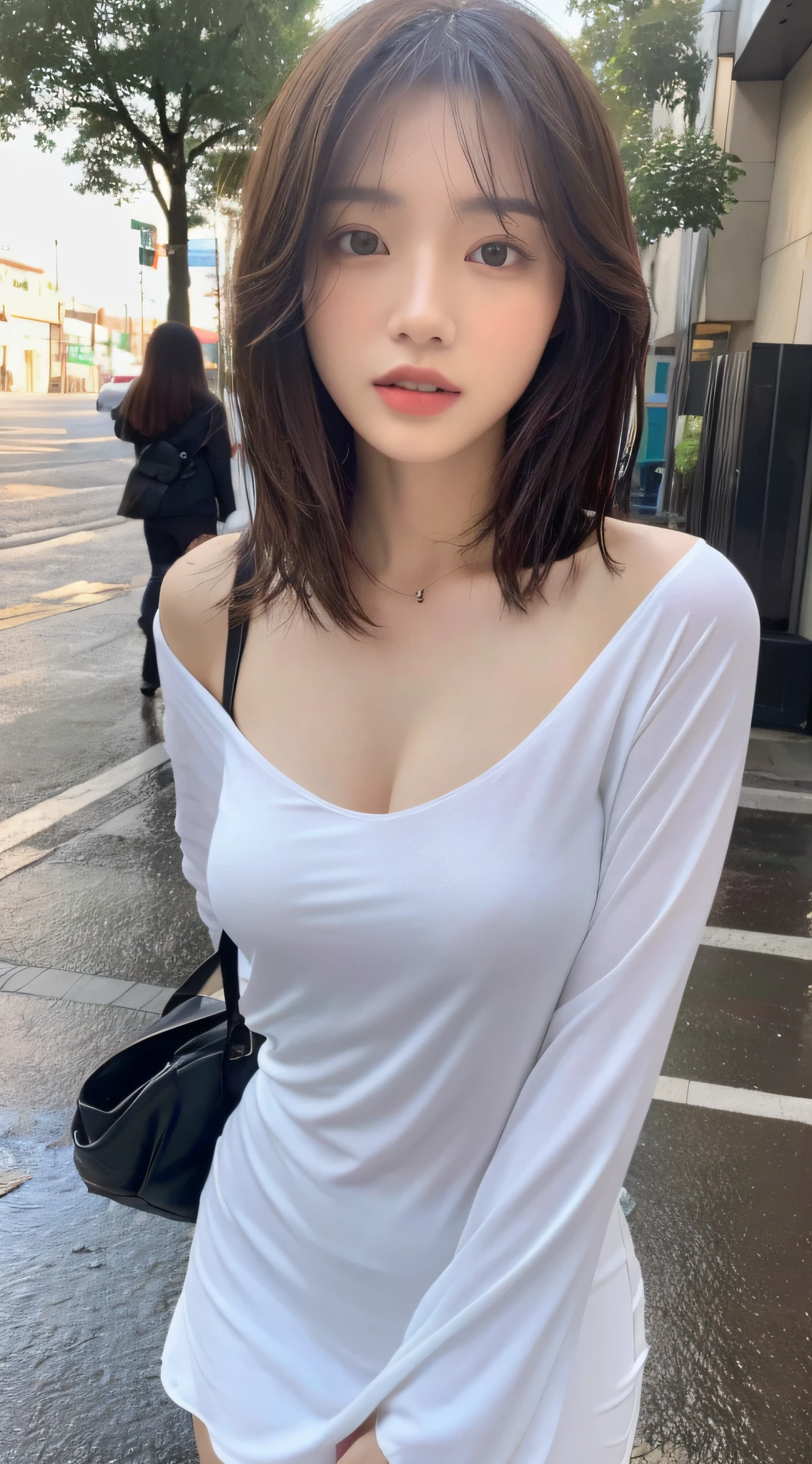((Best Quality, 8K, Masterpiece:1.3)), Focus: 1.2, Perfect Body Beauty: 1.4, Buttocks: 1.2, ((Layered Haircut, Breasts: 1.2)), (Wet Clothes: 1.1) , (Rain, Street:1.3), Bandeau Dress: 1.1, Highly Detailed Face and Skin Texture, Delicate Eyes, Double Eyelids, Whitened Skin, Long Hair