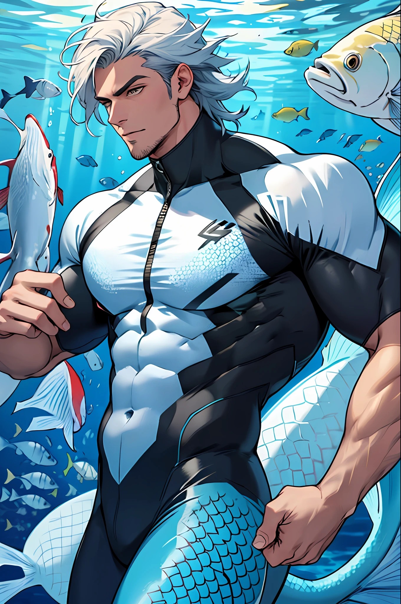 handsome man wearing a fish scale body suit exposing his chest, muscular, merman, attractive, 8k, masterpiece