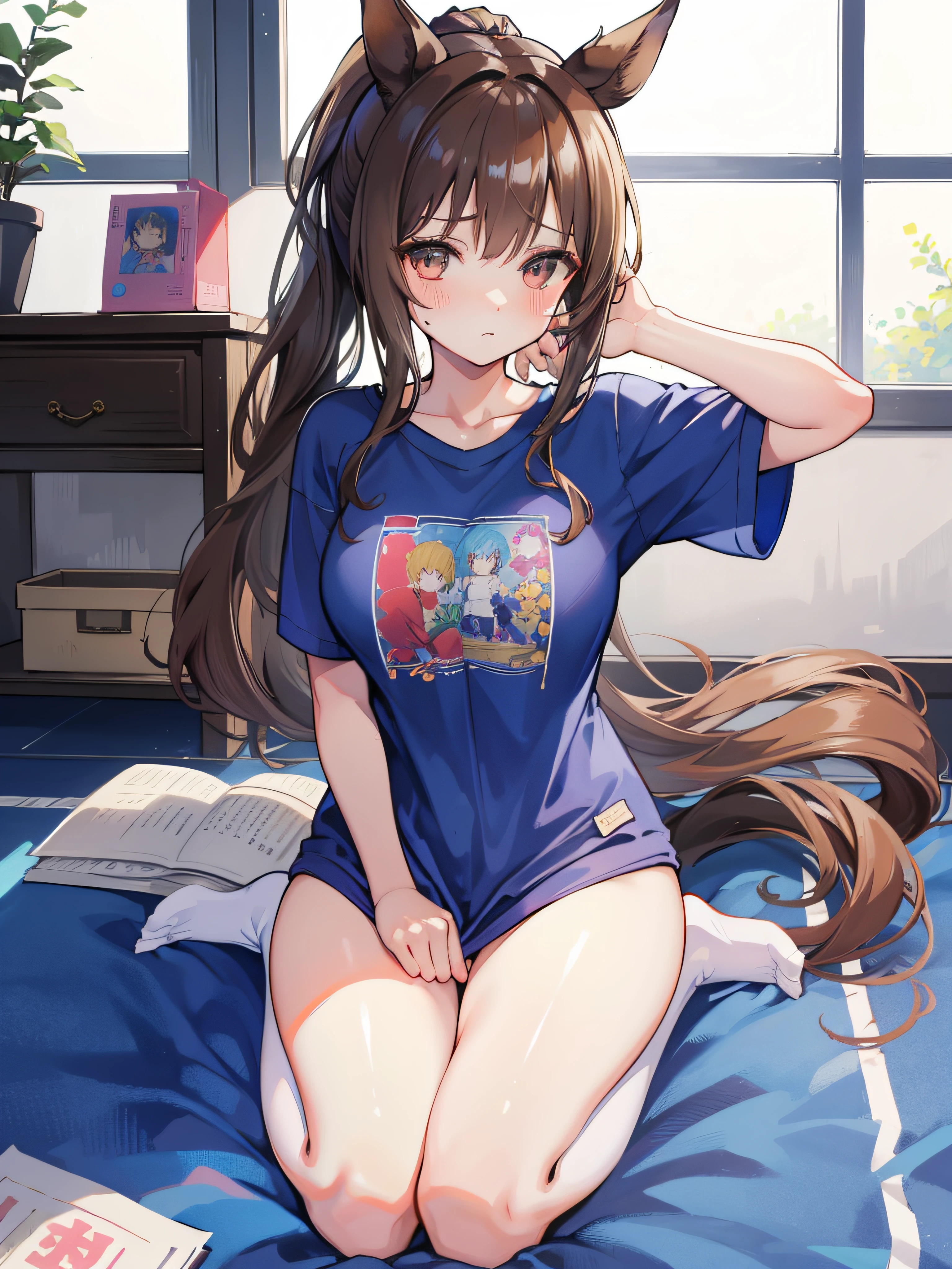 masterpiece、top-quality、ultra-detailliert、illustratio、 1 人、tshirts、textured、detaileds、a beauty、Beautiful breasts、Brown hair、(Horse ears on the head)、Low Ponytail、red blush、feel shy、Uma Musume(Admire Vega)、Oversized T-shirt、flipping up shirts、Lower breast、Seiza、sitting on、Smell、Panties、North Cart