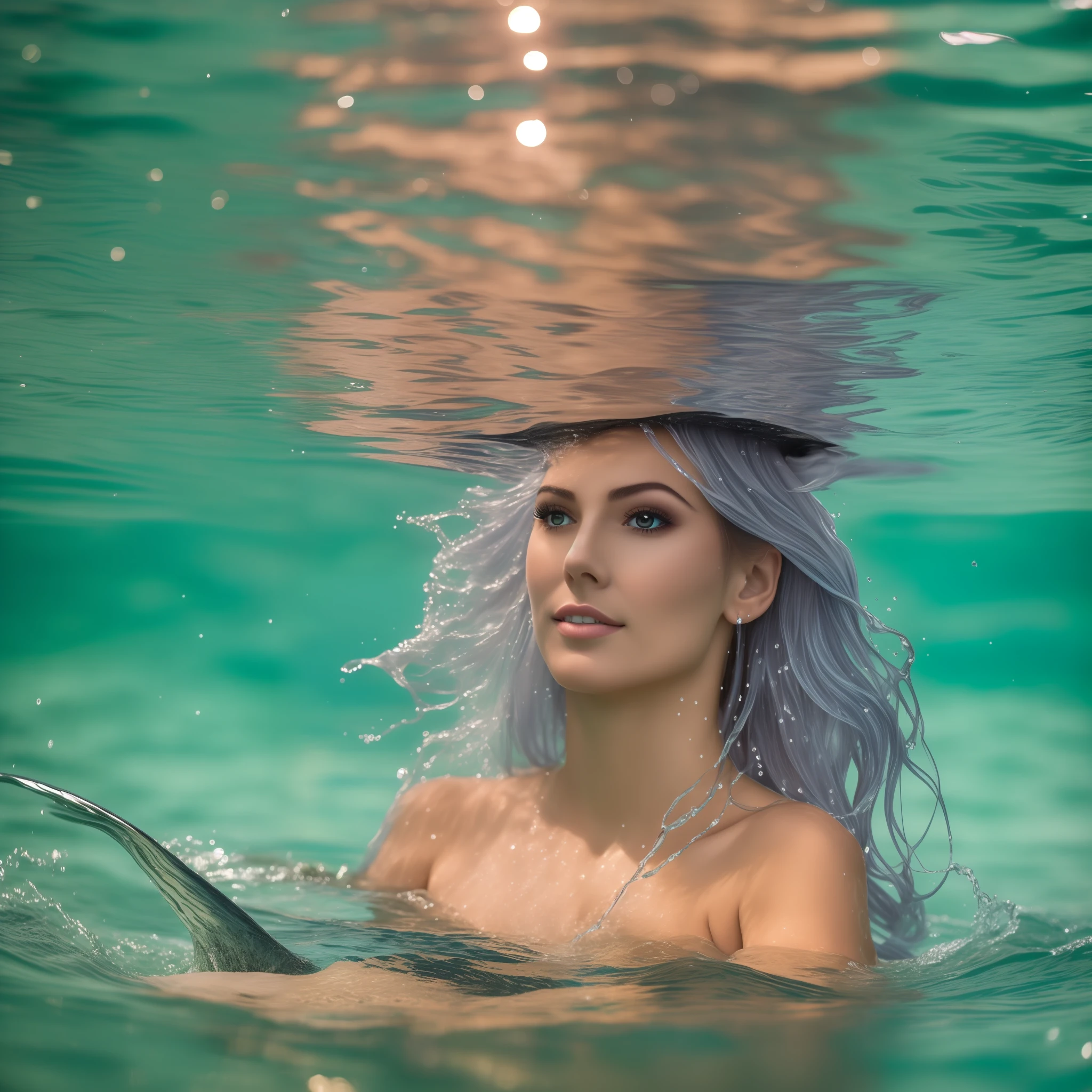 A mermaid under the water with reflection of the sun, corpo fitness, alta resolução, (obra-prima:1.4), super detalhada, visto de cima, outer space, flutuando, --v 6