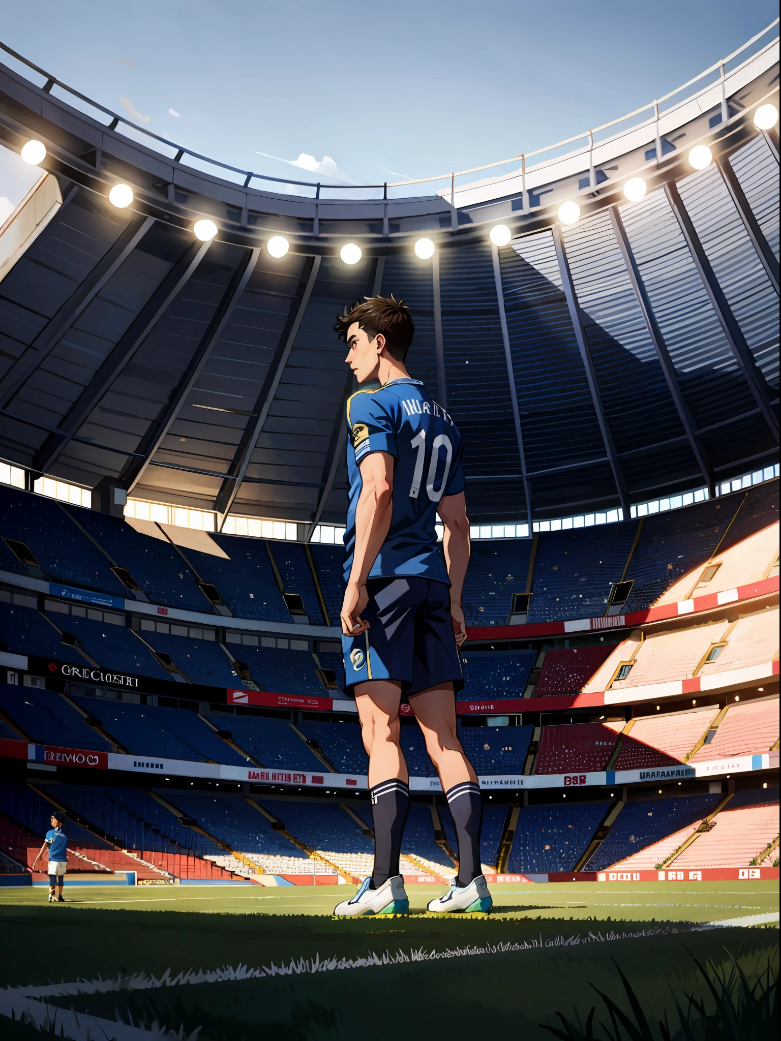 A footballer stands on the field, Turn your back to the camera，Wearing blue number 10 shirt，In the distance are spectators in the stands