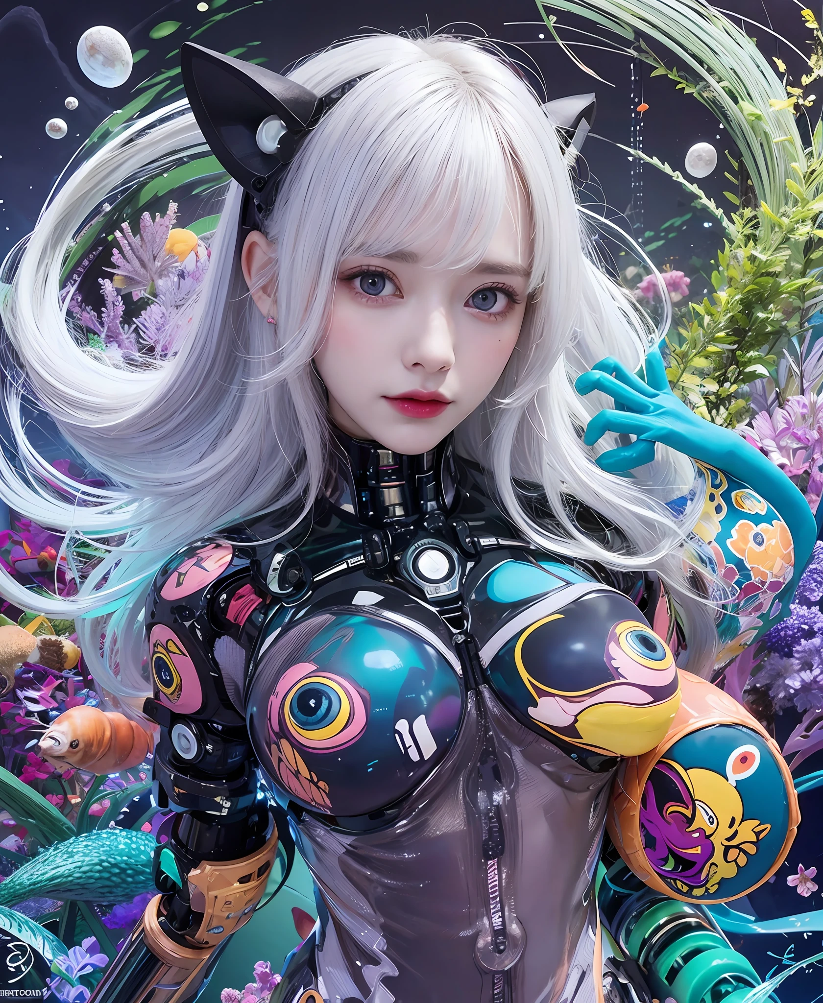 white hair、long fluttering hair、strong breeze、a purple eye、Luminous Eyes、Mollusk girl、Colossal tits、The face and chest are alive、Cleavage is visible。photoRealstic、portfolio、Biotech Cyborg、Gothloli details、tentaculata、Detailed biocomponents、Bundle of thin tubes、sea anemones、Nudibranch、Luminous tube、Detailed neon、Fine LED、Fine parts