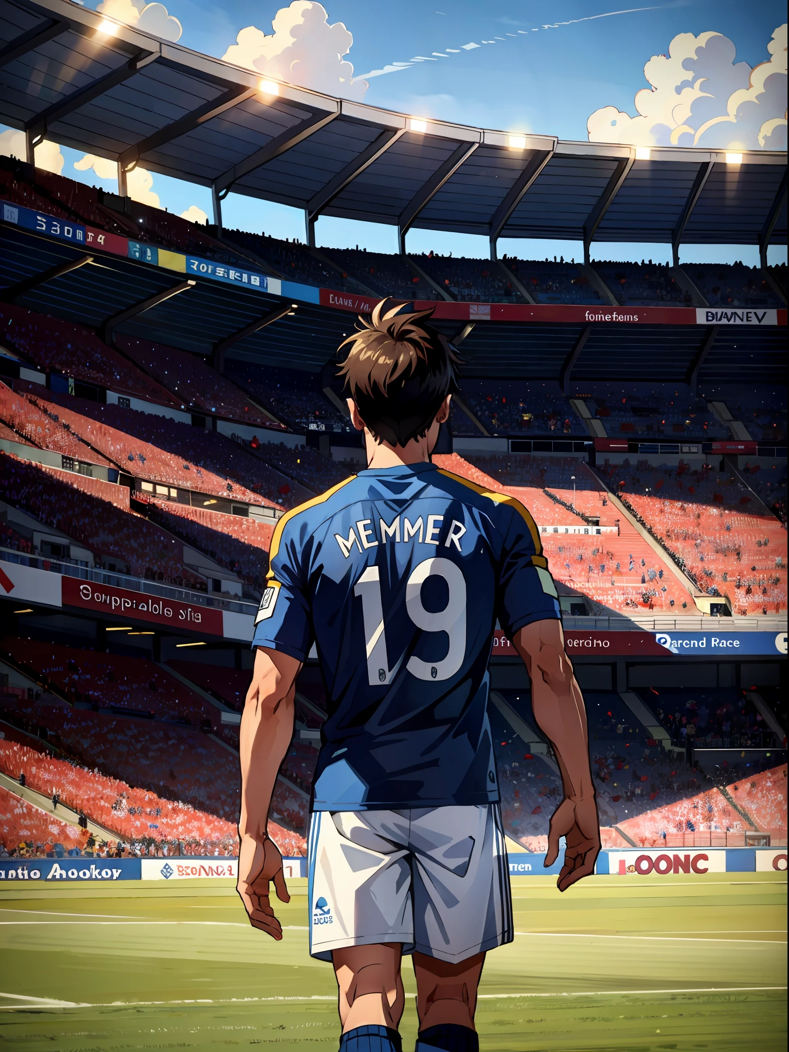 A soccer player stands on the soccer field, Turn his back to the camera，Wearing number 10 blue shirt，In the distance are spectators in the stands