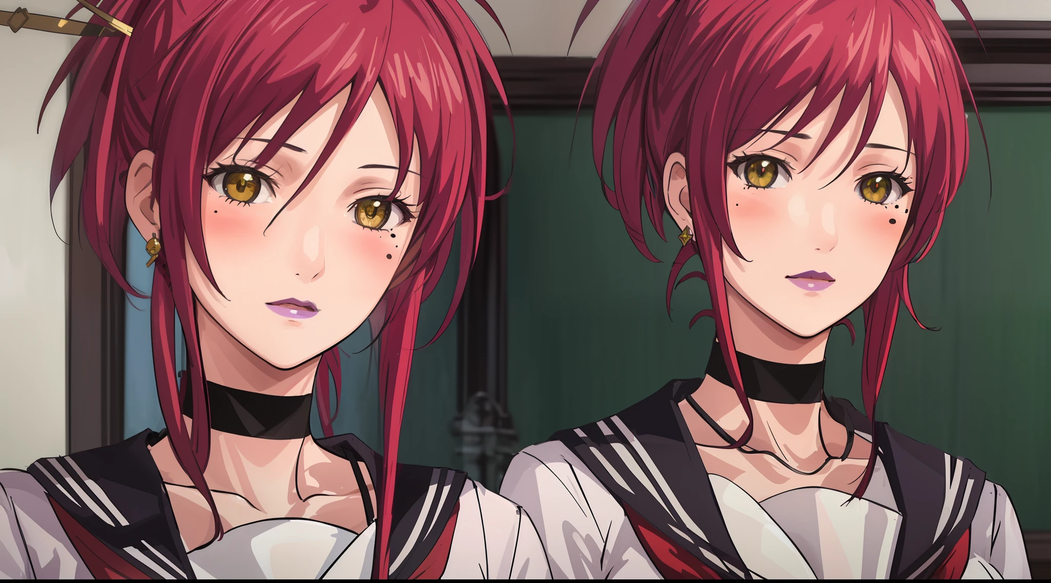 (Masterpiece, Best Quality, High Quality:1.4), professional artwork, Intricate Details, field of view, sharp focus, detailed painting, photorealistic lighting, trending on pixiv, face shot, (vivid lighting, vibrant colors:1.05), realistic shadows, ambient occlusion,
Marie Mamiya, mature female, milf, solo, (curvy:1.1), luxury room, (half body shot:1.1), looking at viewer,
(red hair:1.05), hair ornament, lipstick, makeup, (mole under eye:0.9), choker, ultra detail hair, ultra detail face, (yellow glowing eyes:1.05), perfect eyes, perfect face, perfect retina, earrings, (seductive look, blush:1.15),
(school_uniform:1.4), choker, necklace, fingernails,
(Large Breasts:1.15)