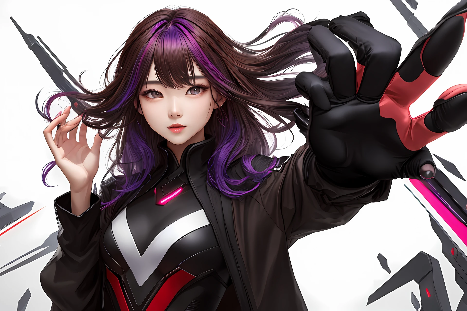 top-quality、Clothes for the near future、1womanl、Colorful hair color、Eyes color is brown、Longhaire、The shape of the hand is a piece、Futuristic landscape