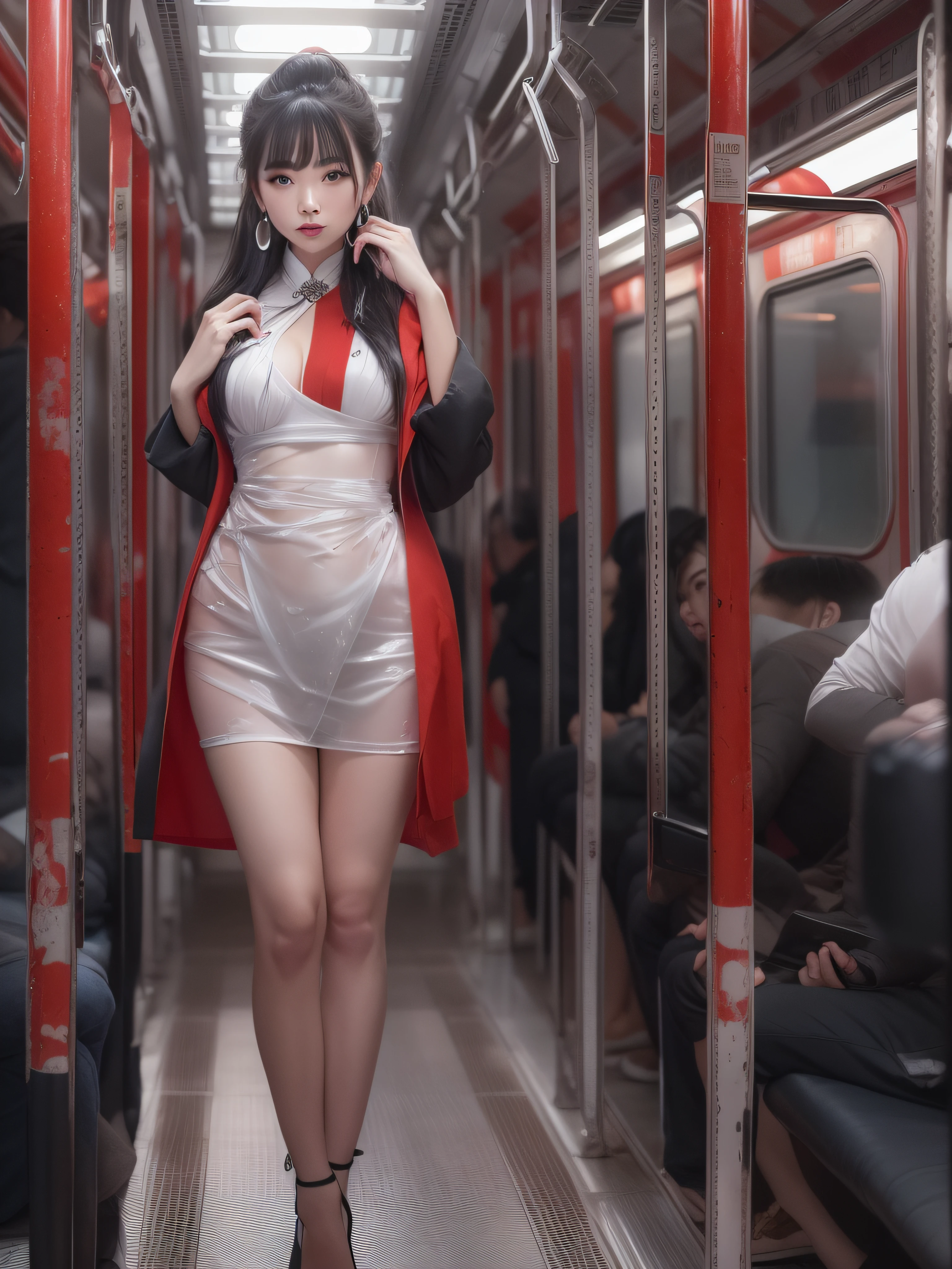 full-body portraits, photograph realistic, A beautiful Chinese mother, Adult video actress, In overcrowded train cars, Get wet all over your body, Slim figure, Height 1.6m, perfect female shape, 34C breasts, Naked of breast, Slim waistline, Elongated legs, 28-inch hips, Wheat-colored skin, Full forehead, Slender eyebrows, Wear red and black erotic underwear, Suspender stockings, Wear platform stiletto heels, tempting pose, silver hair, streaked hair, bangs, short hair, straight hair, messy hair, hair slicked back, jewelry, longeyelashes, earrings, makeup, expressionless, shaded, red lips, cinematic lighting, three sided view, masterpiece, textured skin, super detail, best quality, 8k