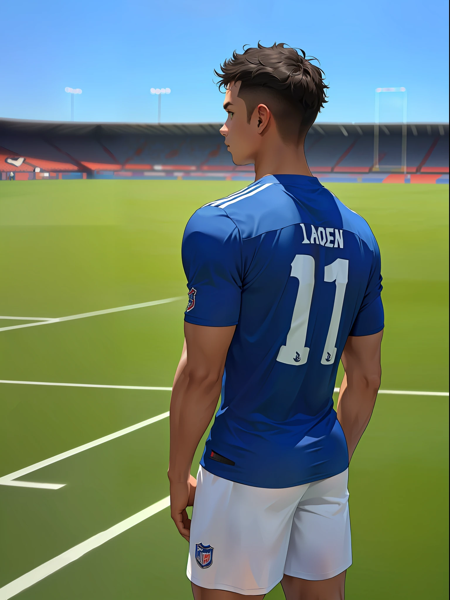A football player stands on the soccer field, Turn his back to the camera,Wearing number 10 blue shirt,In the distance are spectators in the stands
