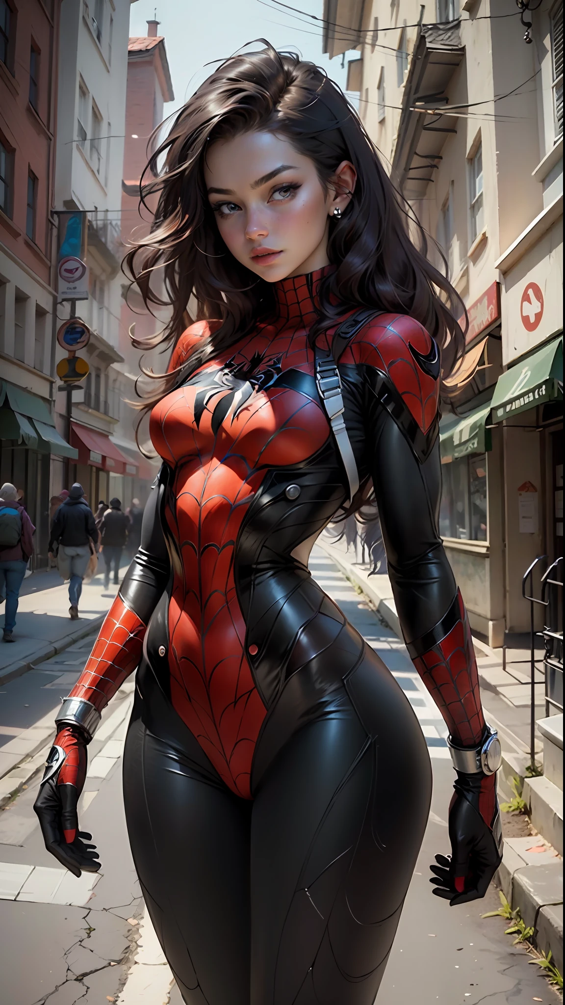 Beautiful woman detailed defined body using spider man cosplay, small breasts