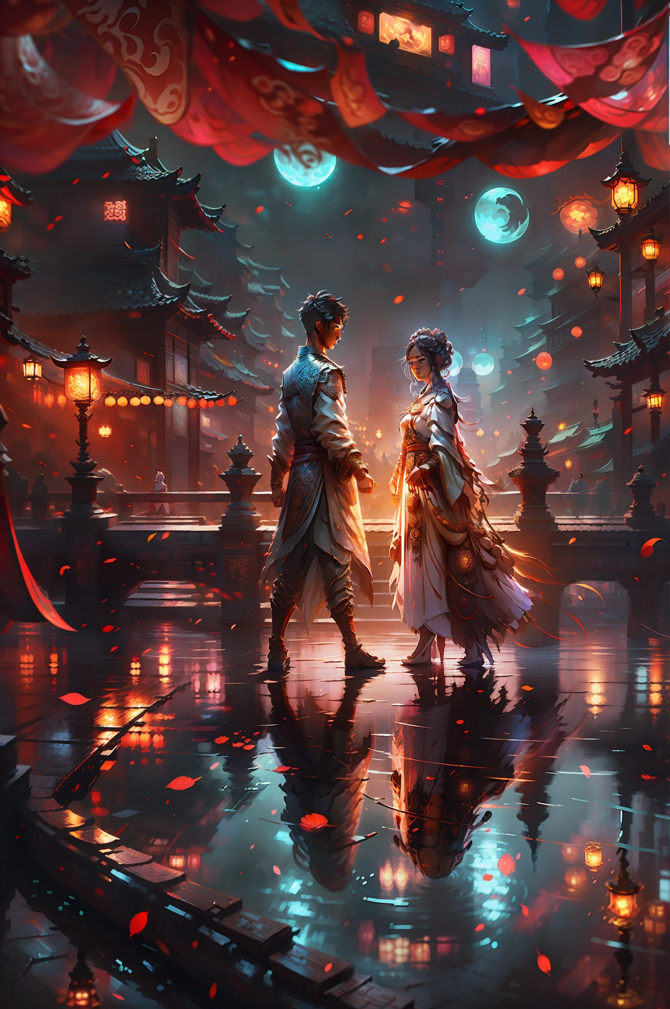 There is a poster,A couple standing on the bridge, a picture by Qu Leilei, Pisif, serial art, A beautiful artwork illustration, palace,A girl in Hanfu, official fanart, Middle Metaverse, in style of atey ghailan, trending on cgstation, the glow of the moonlight, G Liulian art style