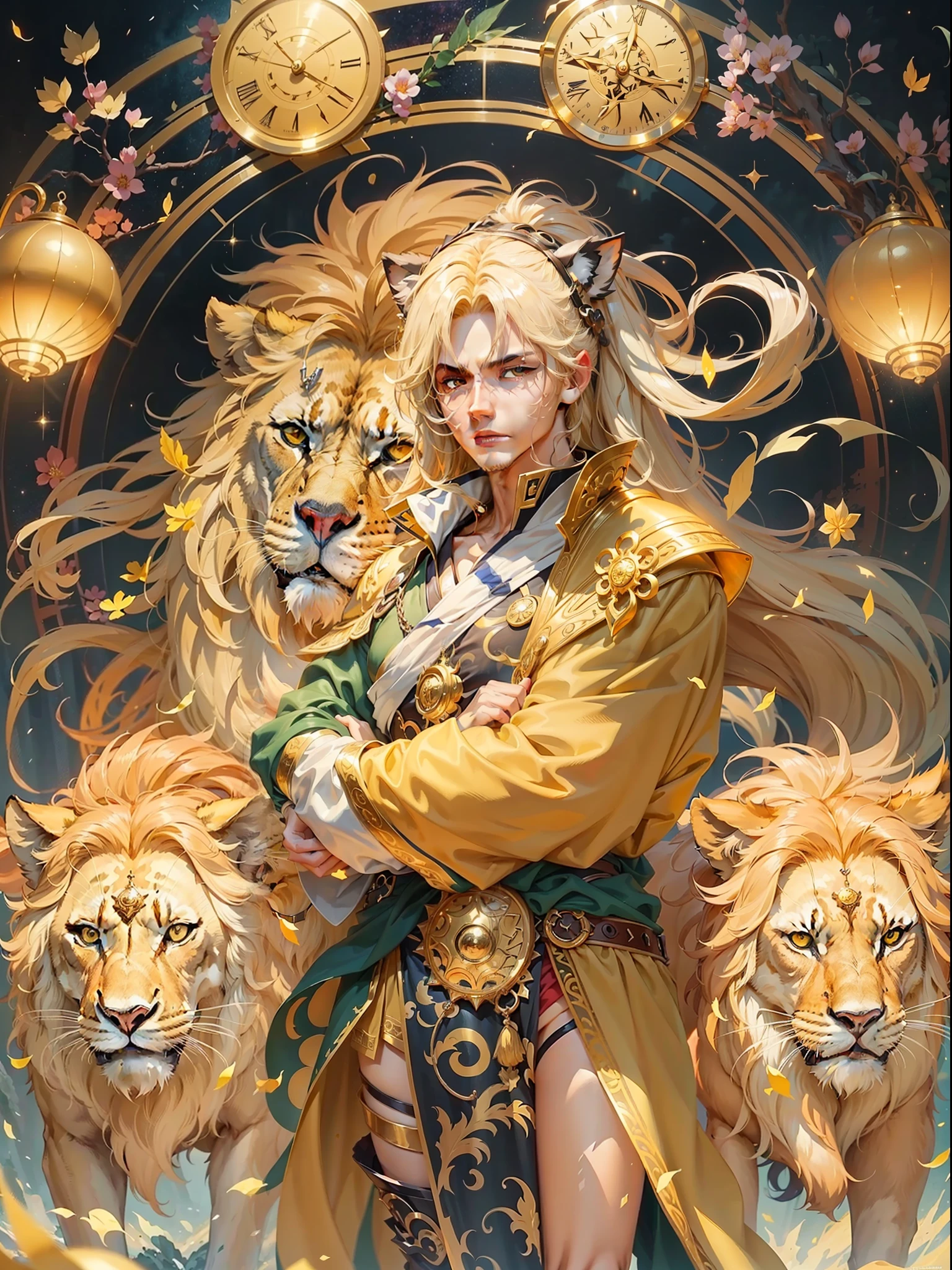 A stunningly beautiful magical golden Leo astrolabe painting of a yellow-haired man with a lion next to him, anime style 4 k, anime art wallpaper 8 k, anime art wallpaper 4 k, anime art wallpaper 4k, detailed digital anime art, anime fantasy artwork, anime fantasy illustration, by Yuumei, beautiful anime artwork, onmyoji detailed art, 4k anime wallpaper