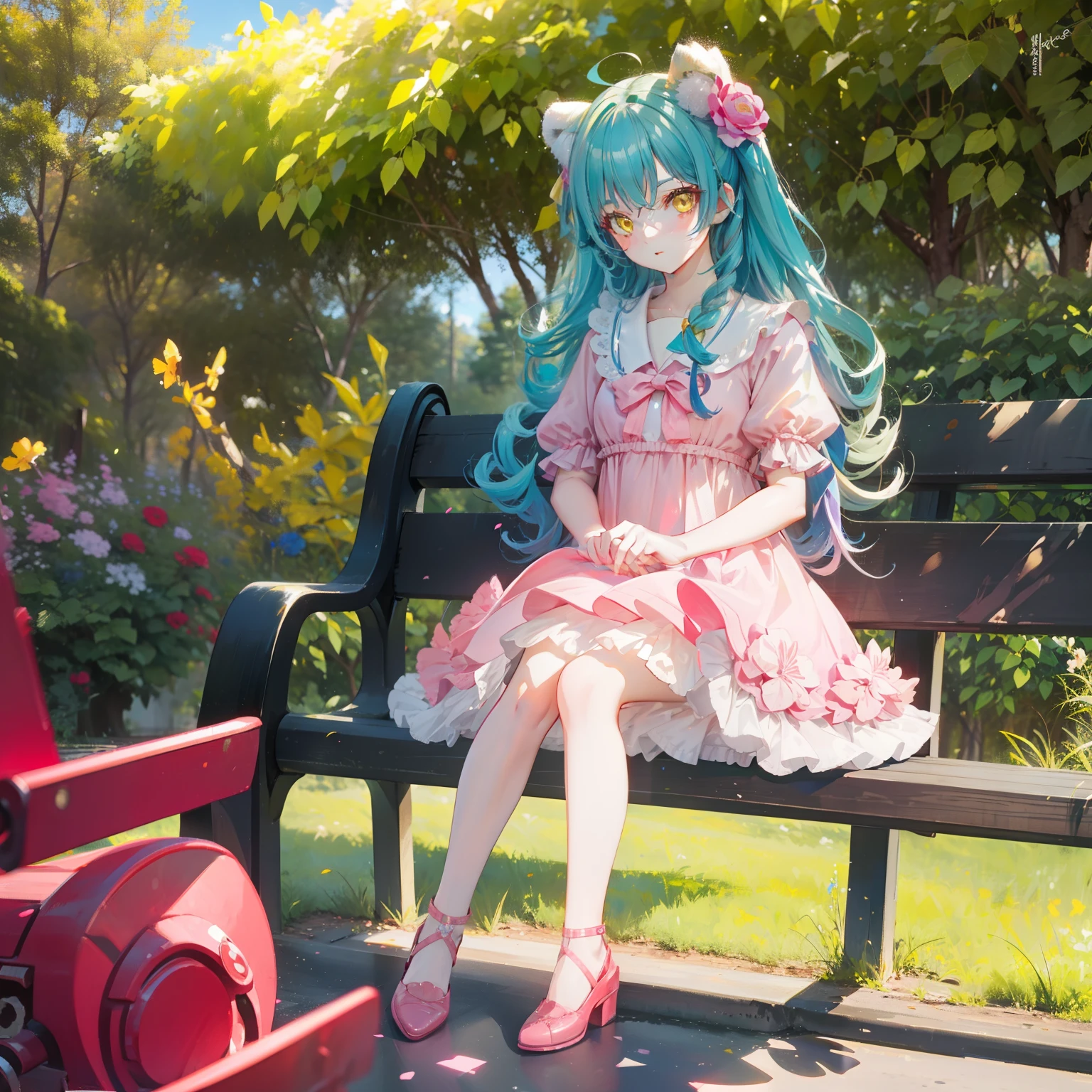 one-girl,Long curly blue hair,yellow eyes,Fluffy floral dress,Pink shoes,In a school playground,Block the sun with your hands,