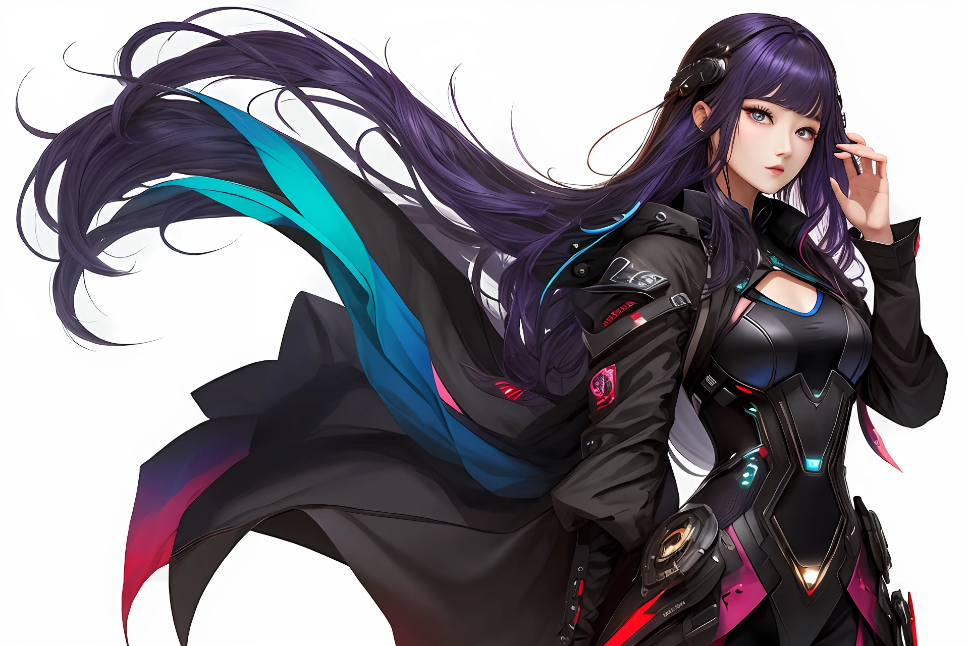 top-quality、Clothes for the near future、1womanl、Colorful hair color、Eyes color is brown、Longhaire、The shape of the hand is a piece、Futuristic landscape