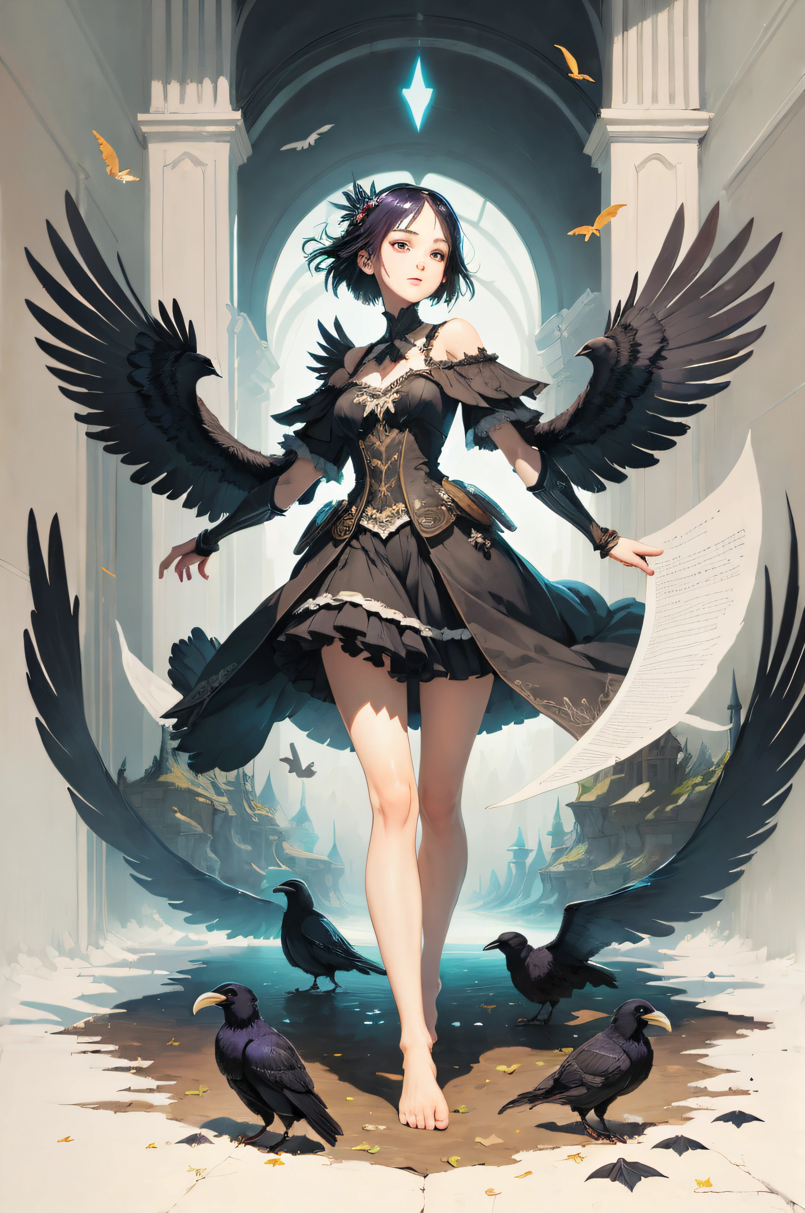 (((masterpiece))),bestquality,illustration,beautifuldetailedglow, paper_cut, fantasy, white background, full body,1girl, barefoot, Raven,darkness,