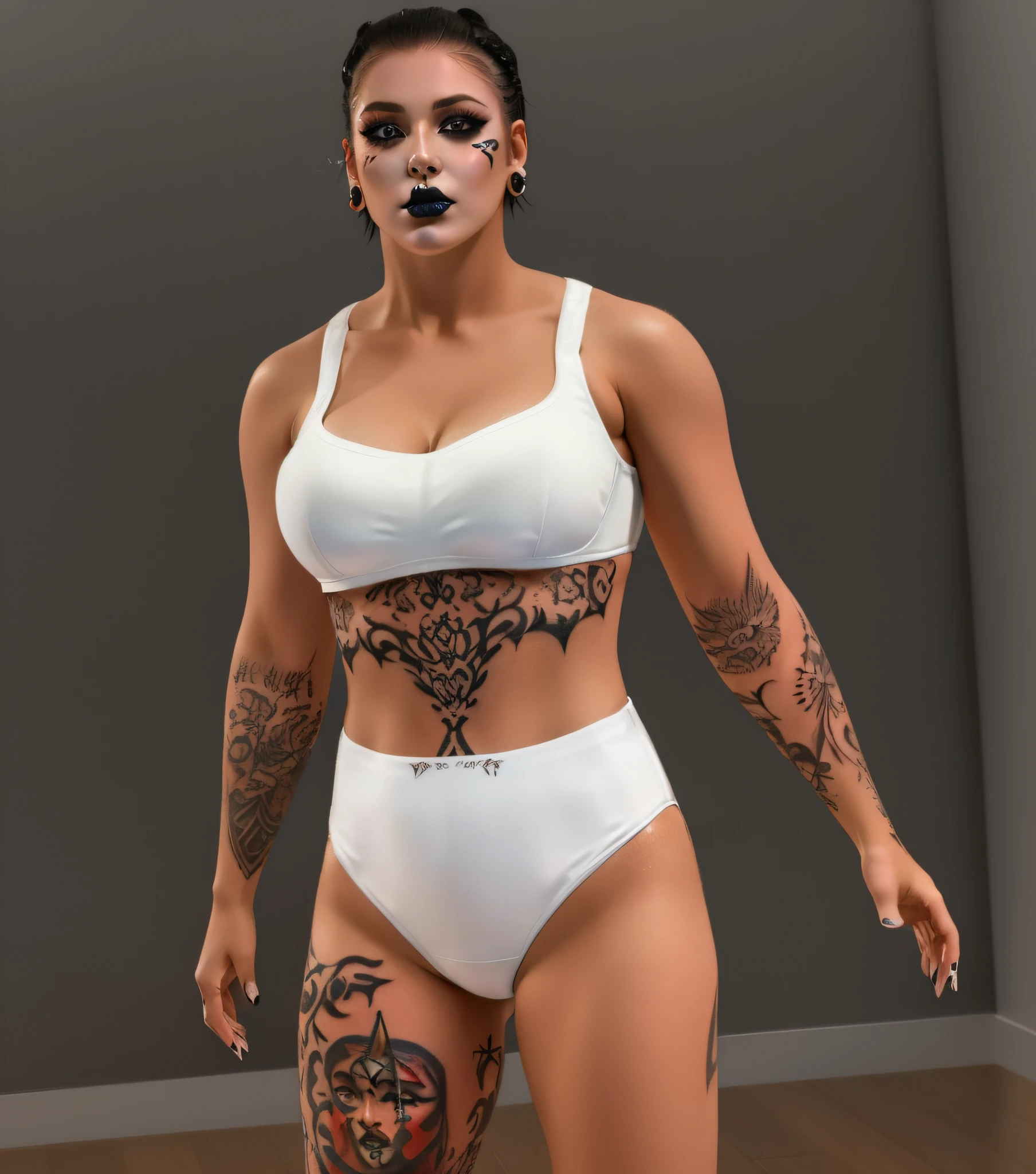 ((masterpiece, best quality)), (Punk Caucasian female wrestler in white bra and white cotton panties), short combed back hair, in a changing room, heavily tattooed, ear gouging, heavy makeup, black lipstick photo realistic, intricate details