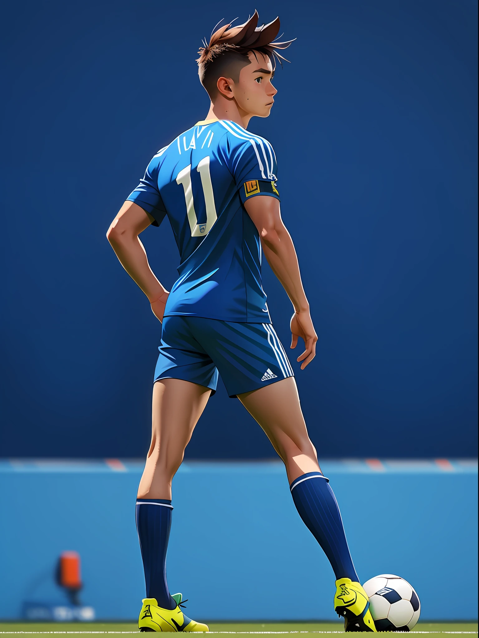 A soccer player stands on the soccer field, Turn his back to the camera,Wearing number 10 blue shirt,In the distance are spectators in the stands