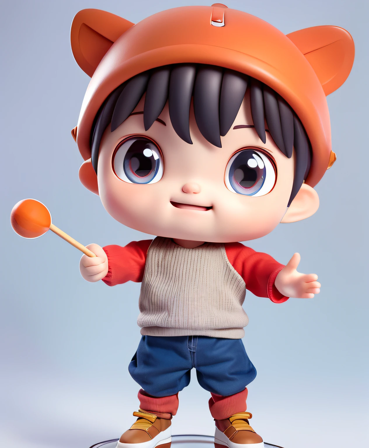 Generate a blind box style image，It contains a happy  boy。The boy has cute red panda ears，Open your mouth wide, A happy expression appeared on his face。He holds a skewer in both hands。He wears a light gray sweater，Black sleeves reach to the wrist。His pants are khaki，He wears white shoes。When he smiles，His upper and lower front teeth are clearly visible，Give him a cute look。Additionally，He has a mole under his right lower lip。