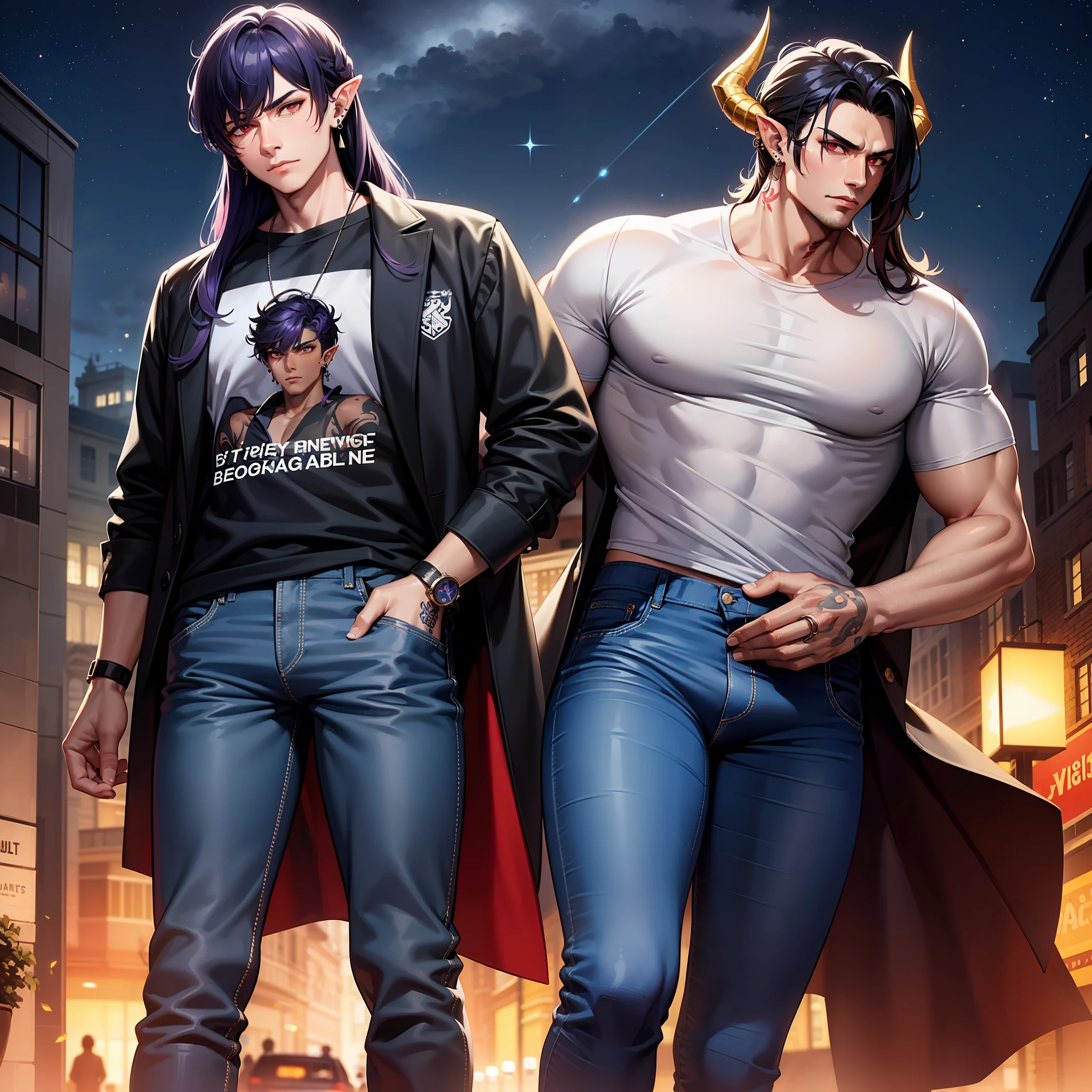 Handsome male, purple hair, long hair, detailed body, detailed hands, horns, loving, arrogant expression, red eyes, roman nose, almond eyes, baggy T-shirt, black shirt, blue denim jeans, cocky, nightfall, starry sky, handsome, bushy brows, pointy ears, ear piercings, rings, 1 male, black coat, tattoos, dark skin, brown skin, charming, good quality, long hair, huge bulge in pants, veiny arms and hands, black denim jeans, hand on bulge