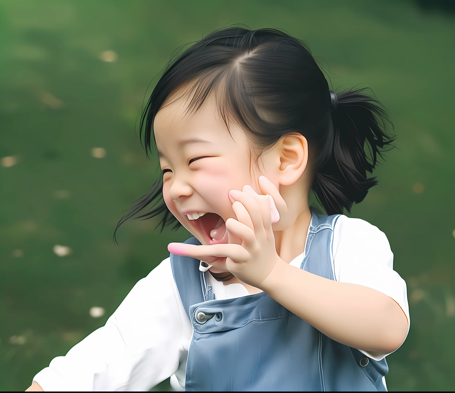 There was a young girl laughing and eating a donut, pervert smirk, Laughing, she is laughing, smiling playfully, head bent back in laughter, laughing and yelling, she expressing joy, Young Asian girl, and she smiling,Very excited, Gamine, smiling laughing, toddlers, Funny, Happy kids, young child, kid, Laughter, Playful smile, cute and funny