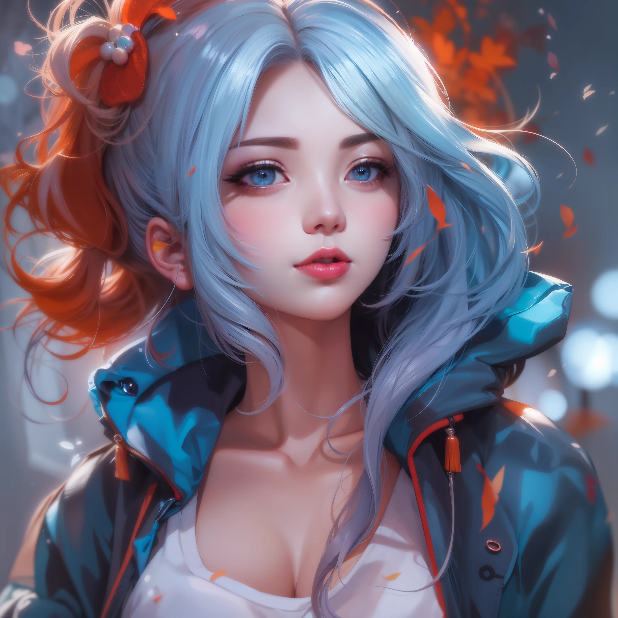 A girl with bright hair and a blue jacket looks at the camera， 25 year old girl，Perfect facial features，A MILF，Sexy red lips，s delicate face，blue color eyes，closeup of face，Inspired by Yuumei，Digital anime art，Color digital painting，Rossdraws cartoon vitality，style of anime4 K，Alice X. zhang，By Yuumei，Digital anime illustration，a beautiful anime portrait，vibrant digital painting，Detailed digital anime art，anime digital art
