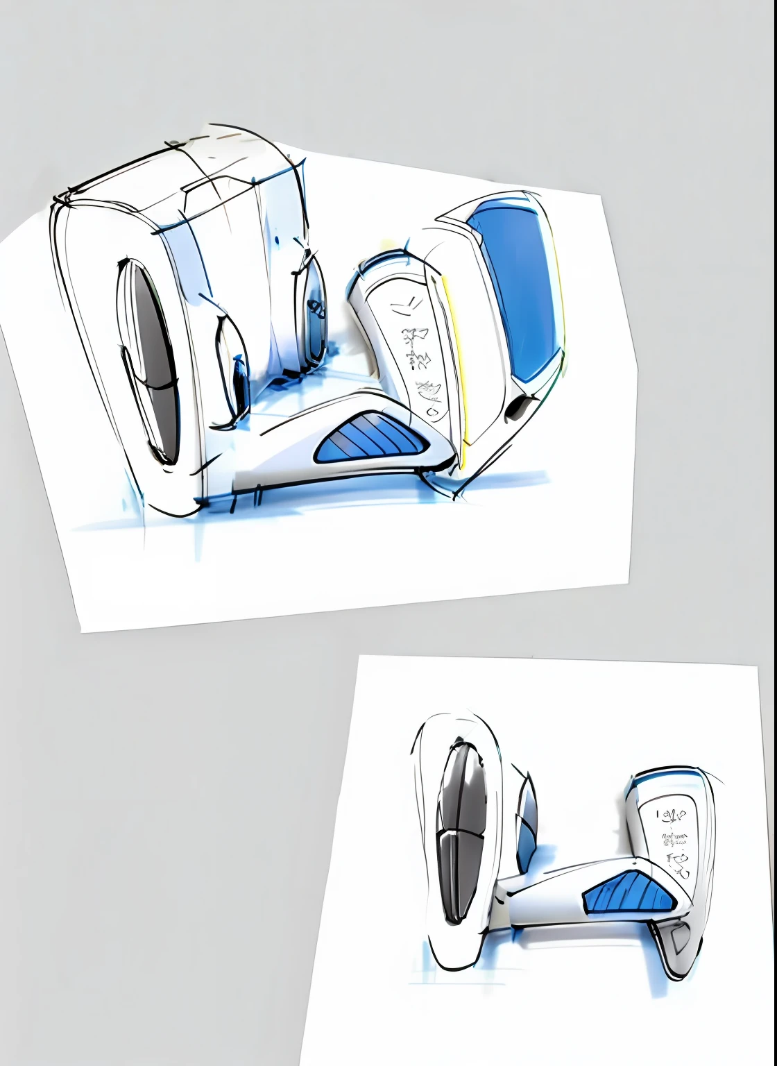 A leg massager, conceptual drawing, concept sketches, product design concept, concept sketches, industrial design concept, prop design, Concept illustration, sketch of oculus rift, concept-art | dyson, simple bionic exploded drawing, Product concept, bionic exploded drawing, object concept art, Smooth design leg massager sketch, concept design, futuristic product design, technical sketch,Marker coloring,Comfortable color scheme,Obvious material parts,leathers,Leather casing,The lower part has two holes for massaging the feet,There are three airbags on it
