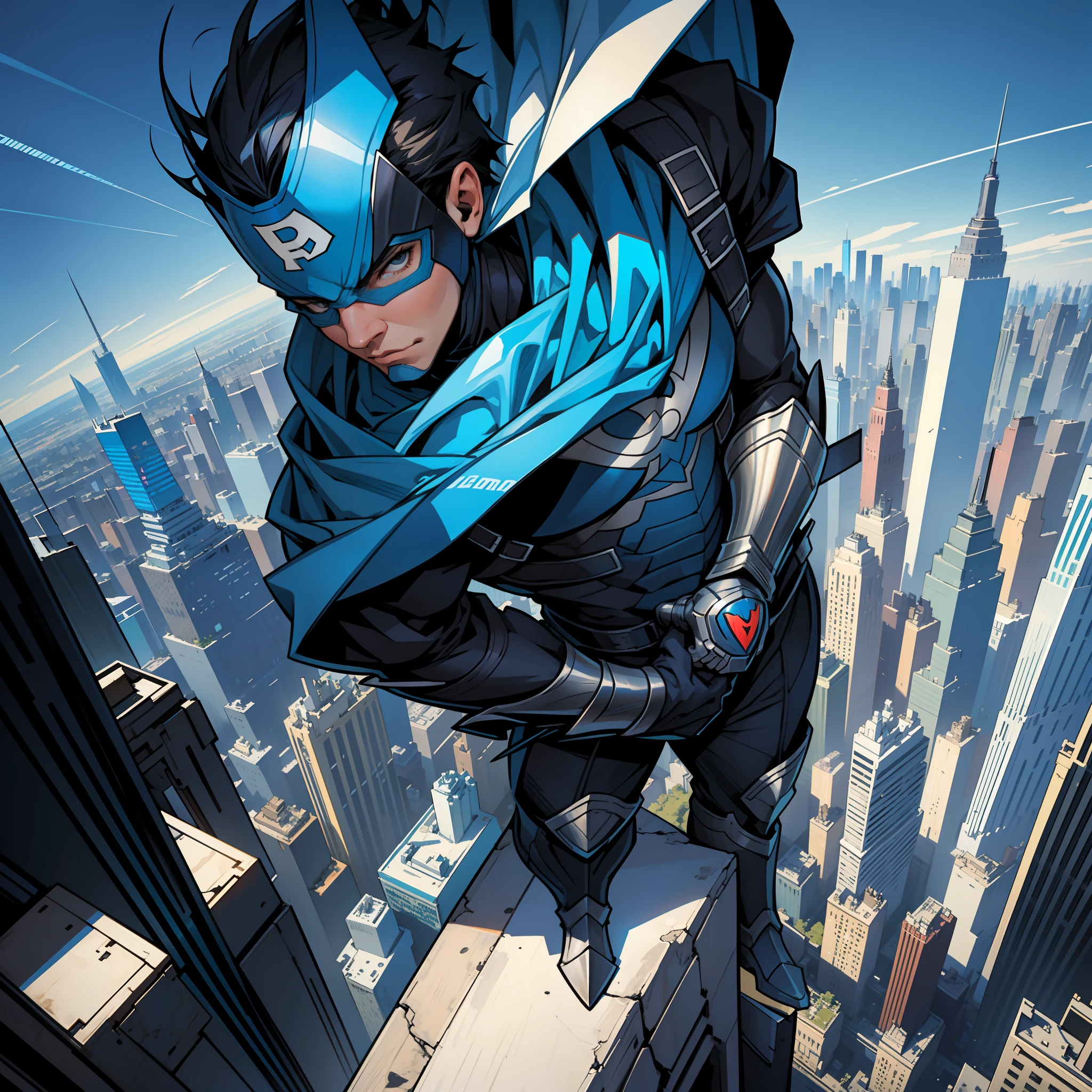 "Superhero art style, Tall and mighty male hero, Wearing blue and black full-cover armor, Handsome, standing on top of a skyscraper, Overlooking the whole of New York City。"